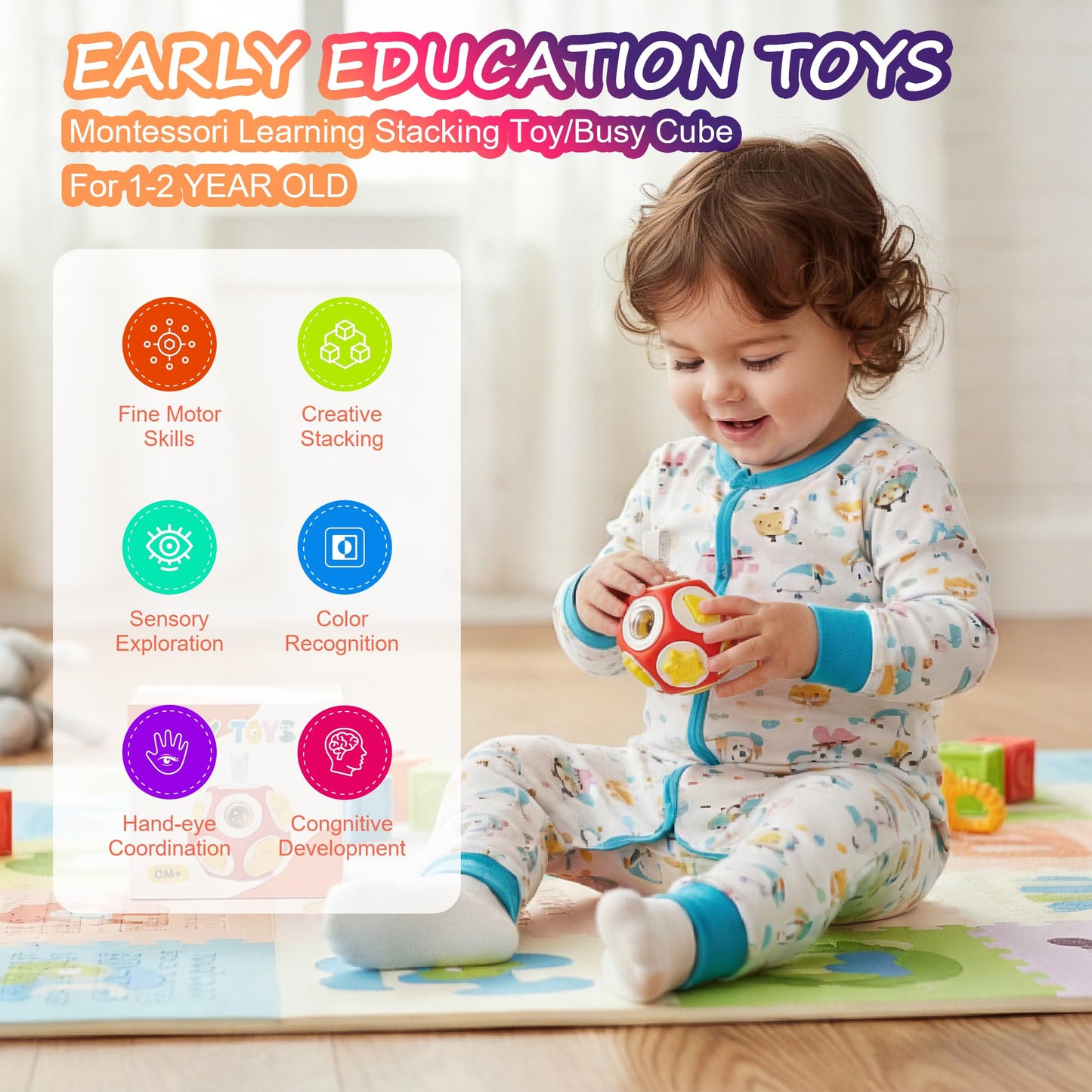 HUNKING Busy Cube for Toddlers 1-3,12-in-1- Montessori Sensory Activity Cube with Children's Intellectual Development Learning,Educational Learning Gifts for Boys & Girls