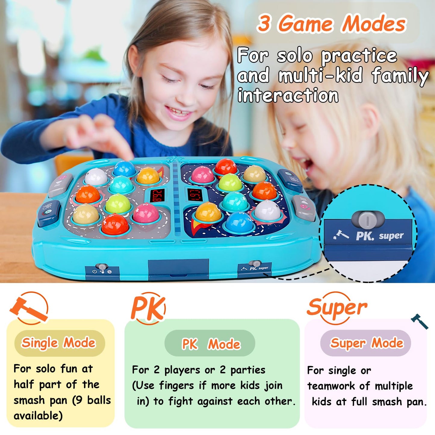 Whack Game Mole for Toddlers, Toys for 3-12 Year Old Boys Girls, Pounding Toys for Age 3-8, Birthday Gifts for 3 4 5 6 7 8+ Year Old Boys Kids, Educational Toy with Sound,Light,PK Mode with 2 Hammers