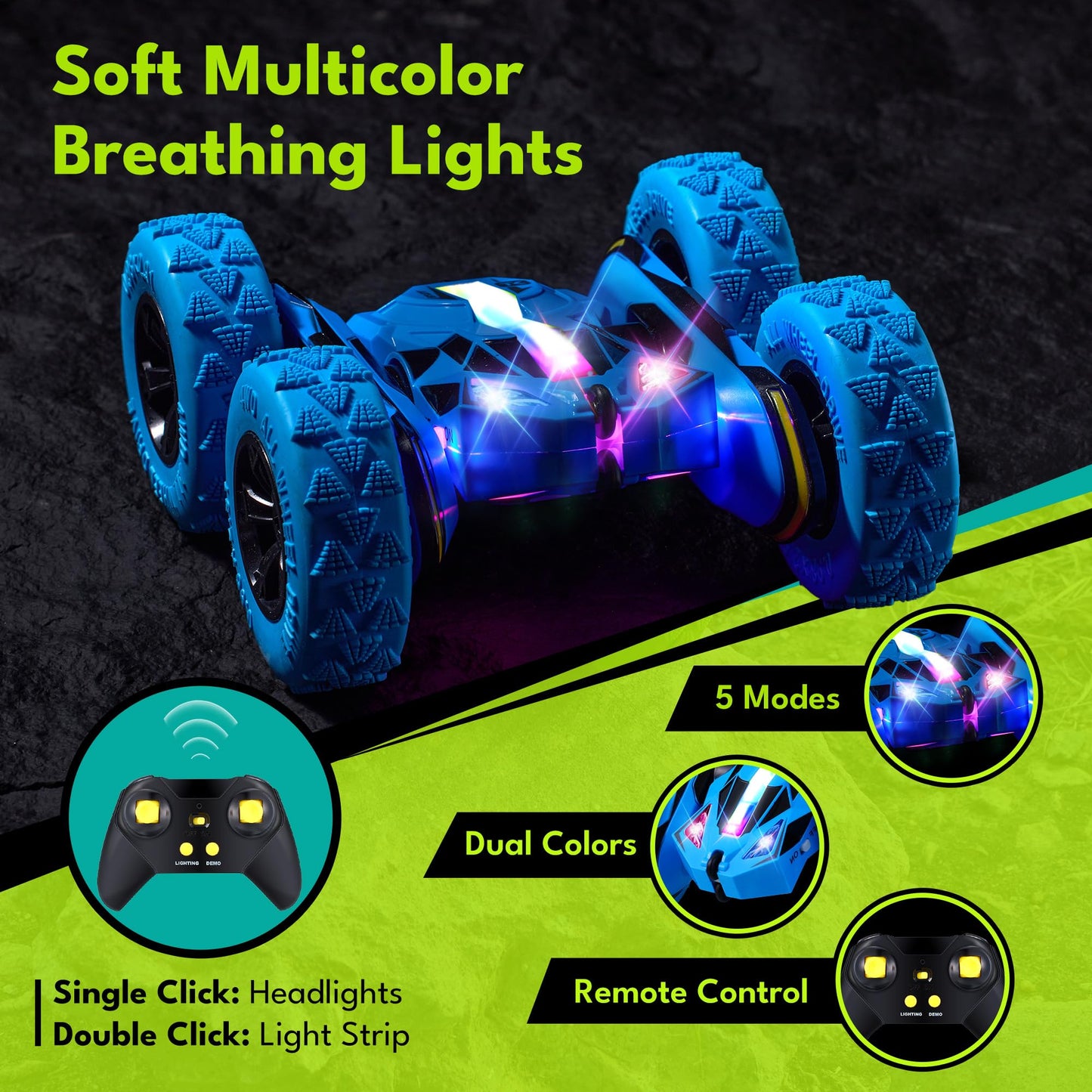 Threeking RC Stunt Car Remote Control Cars with Quick-Swap Modular Battery, 5 Upgrades: Safety, Durability, Auto Demo, Eye-Safe LEDs, Type-C Charging, Toys Presents Gifts for Boys Girls Kids Ages 6-12