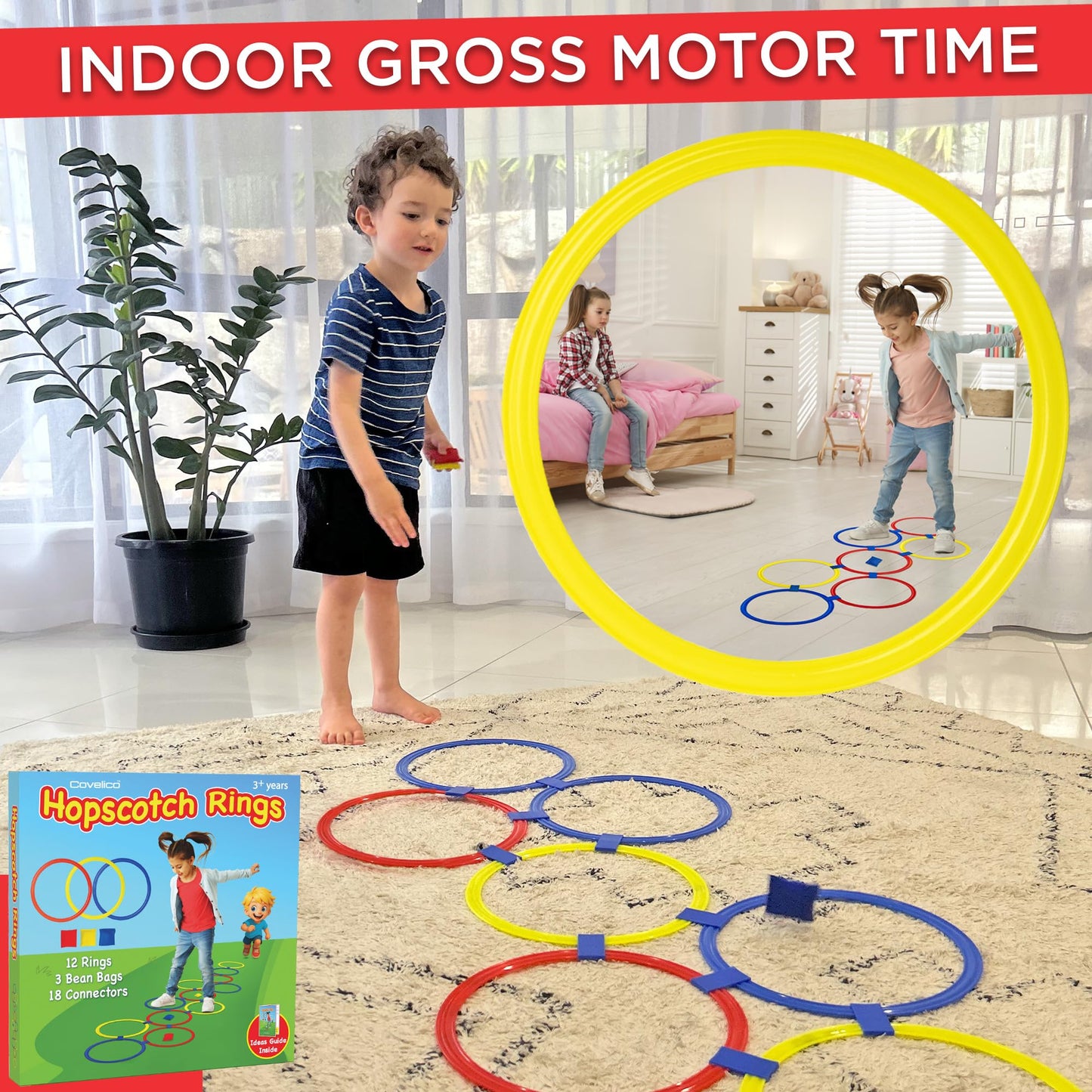 Covelico Hopscotch Rings, 12 x 11 Inch Rings & 3 Bean Bags, Play Hopscotch Outdoor & Indoor Obstacle Course for Kids 3-5, Recess Toys & Physical Education Equipment, Gross Motor Games PE Equipment