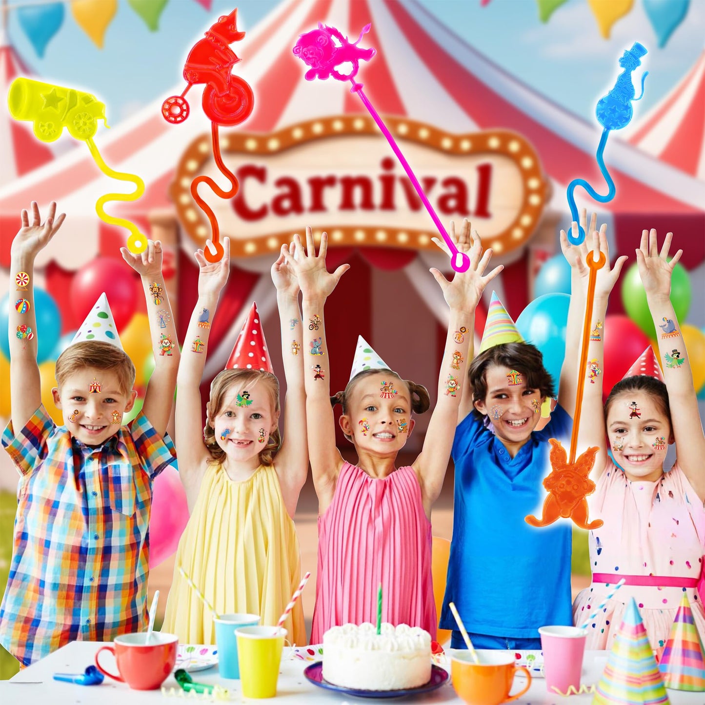 48PCS Carnival Party Favors - 24PCS Temporary Tattoos & 24PCS Stick Hands Party - Perfect Birthday Party Supplies, Goodie Bag Stuffers, Treasure Box Toys, Classroom Prizes, and Student Gifts