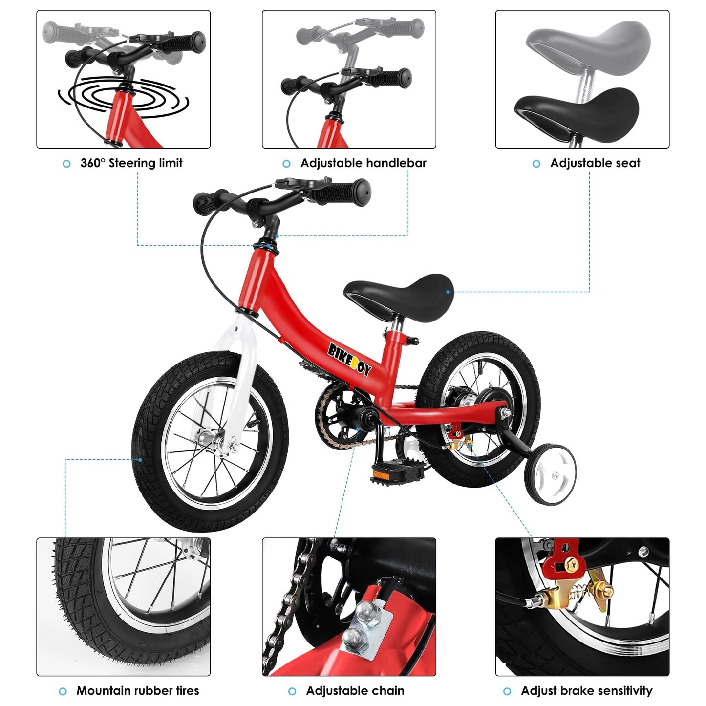 bikeboy Balance Bike 3 in 1,The Dual Use of a Kids Balance Bike and Toddler Bike, for 2 3 4 5 6 7 Years Old -12 14 16 Inches with Training Theory, Brake, Pedal