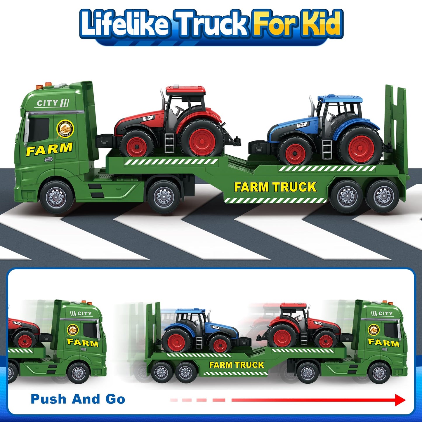 Bstoyder Toddler Boy Toys for 3 4 5 6 7 Years Kids, 25" Semi Flatbed Truck Toy with 2 Tractors, Friction Powered Vehicles Toys with Lights and Sounds, Birthday for Boy Girls