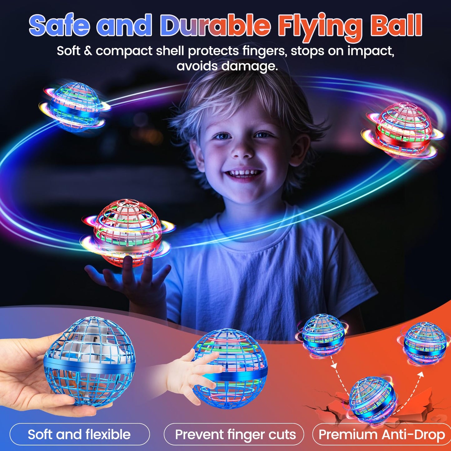 NWLAEWR Flying Orb Ball Toy, 2026 Upgrade Hand Controlled Hover Ball with LED Lights, 360° Rotating Boomerang Globe, Cool Mini Drone, Ideal Birthday&Christmas Gift for Boys Girls-Blue & Red