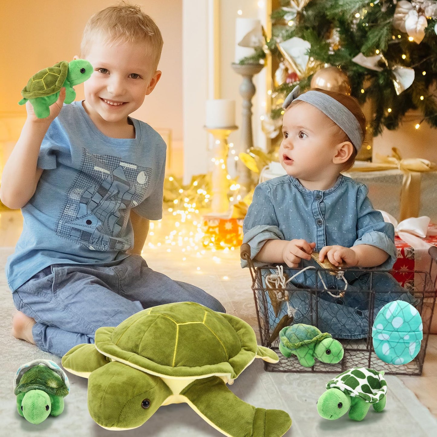 Aoriher 6 Pieces Sea Turtle Stuffed Animal with Babies 12" Mommy Stuffed Sea Turtle with 3 Little Plush 2 Plush Eggs Soft Pillow Tortoise Hugging Gifts for Kids Birthday Baby Shower Party(Classic)
