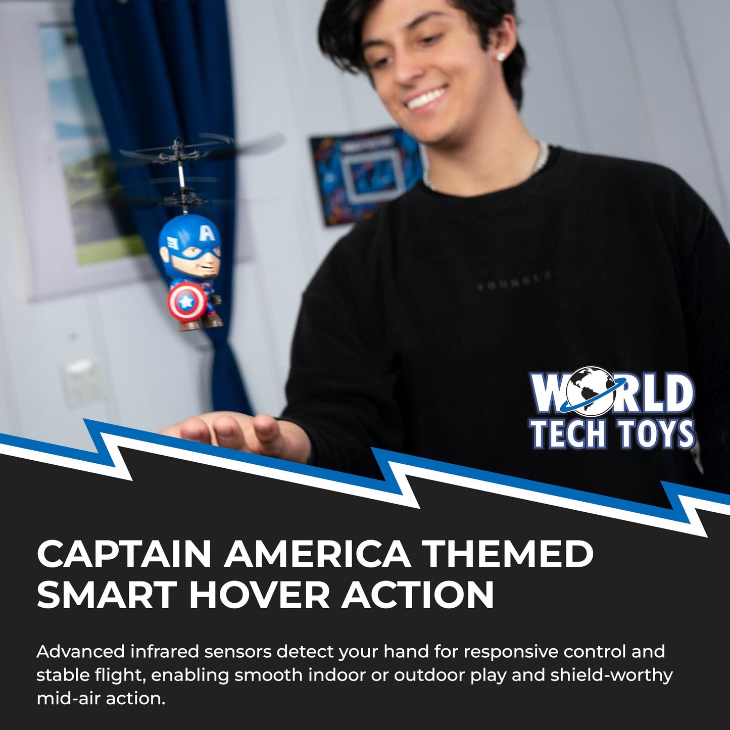 World Tech Toys Marvel Captain America Big Head Helicopter Toy – Motion Sensored Flying Toy for Kids - Marvel Licensed - Kids 6+