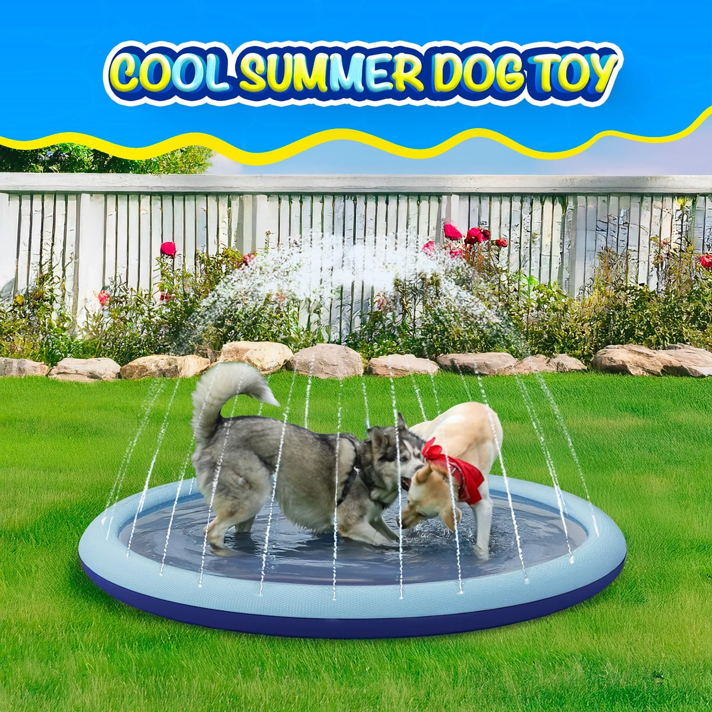COMMOUDS Splash Pad for Kids and Dogs, Non-Slip Sprinkler Pad Thicken Pool Summer Outdoor Water Toys, Backyard Fountain Play Mat for Baby Toddlers Boys Girls Pet(59Inch)