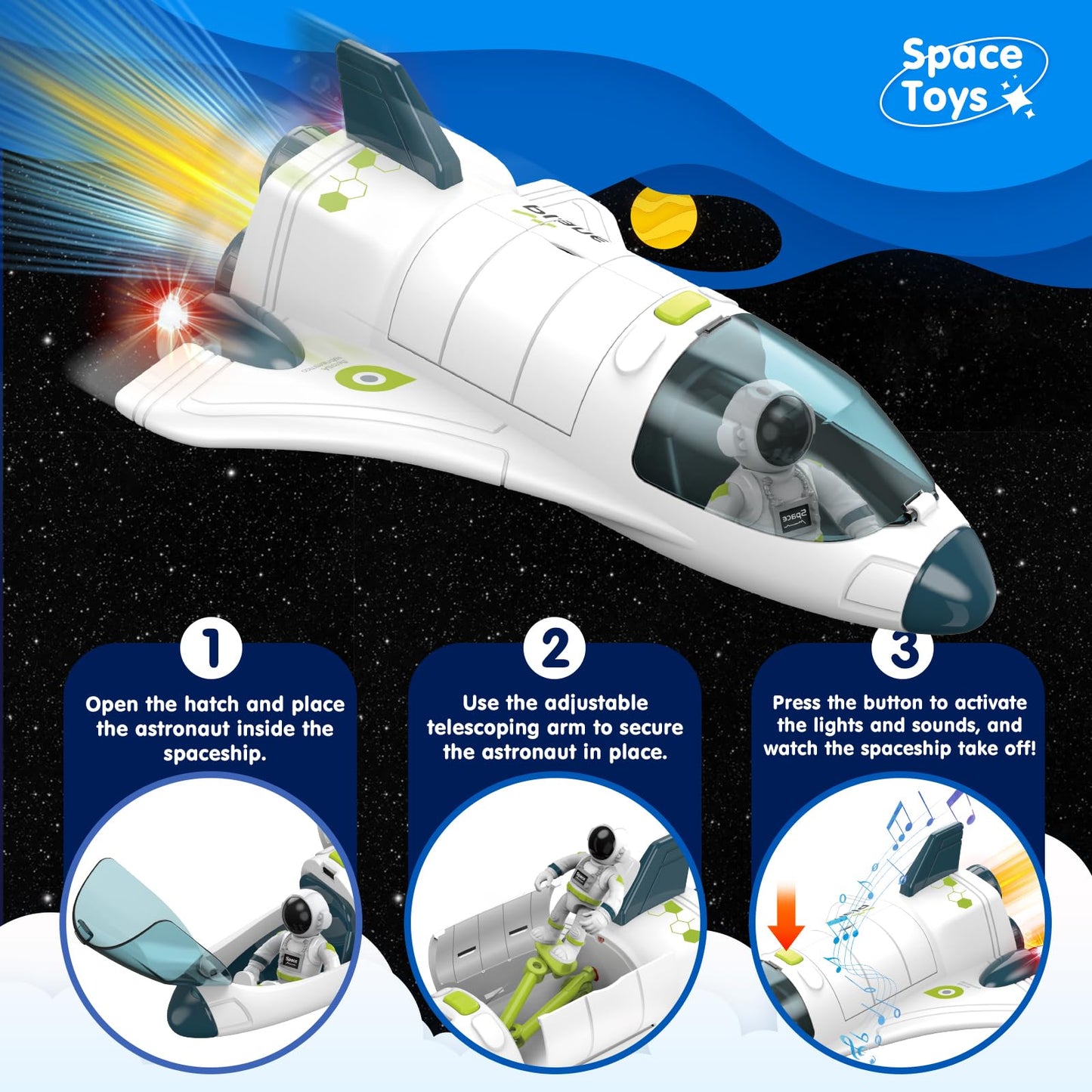 AuntyFey Space Rocket Ship Toys for Kids, Space Toys Shuttle for Kids 3-5-7 with 2 Astronaut Figures, Spaceship with Glowing & Sound Effect, Educational Stem Gift for Boy Girl