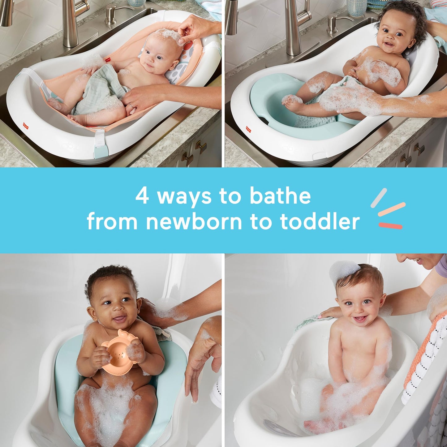 Fisher-Price™ Baby to Toddler Bath 4-in-1 Sling 'N Seat Tub with Removable Infant Support and 2 Toys, Summer Blossoms