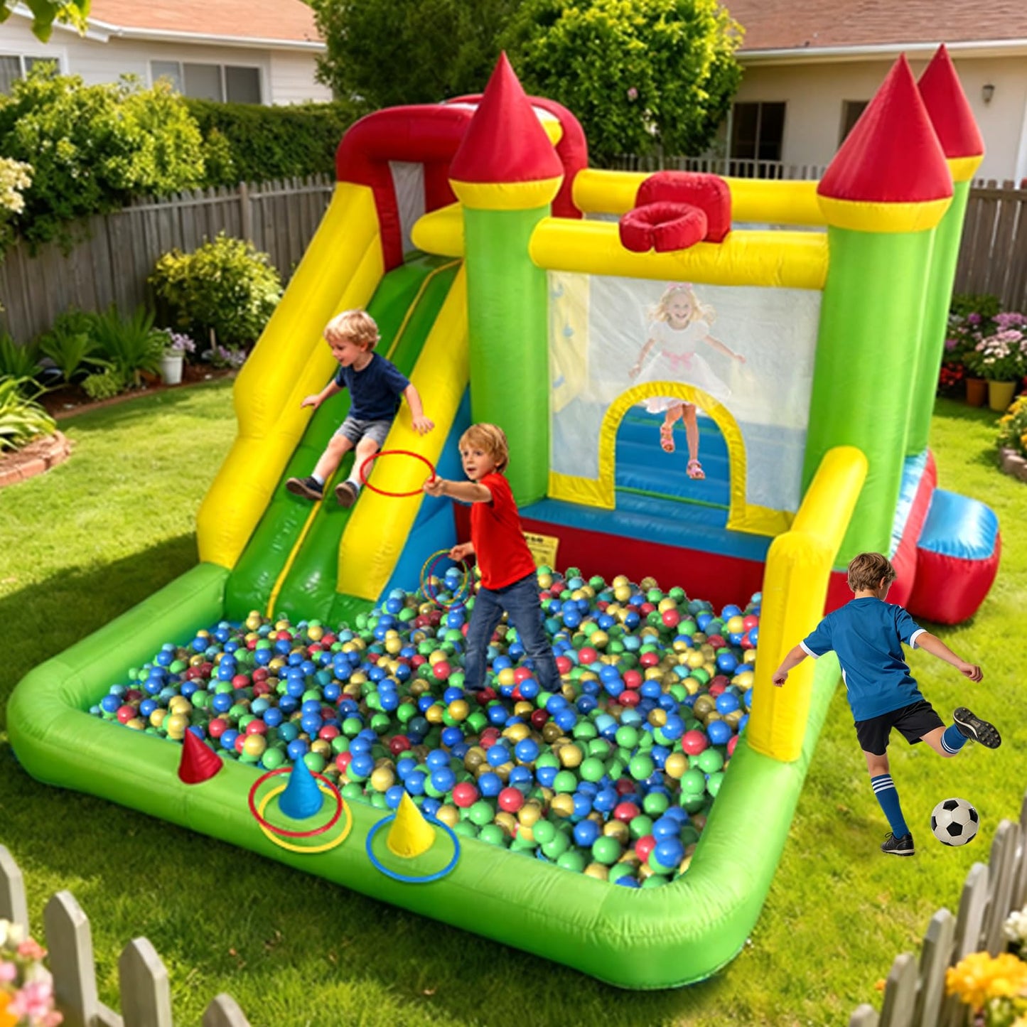 YARD Bounce House for Kids 3-6, 8-in-1 Inflatable Bouncy Castle with Slide, Blower, Ball Pit, Climb Wall, 12x13x8.5FT Jump House for Big Toddlers for Indoor & Outdoor Backyard Party Family Gathering