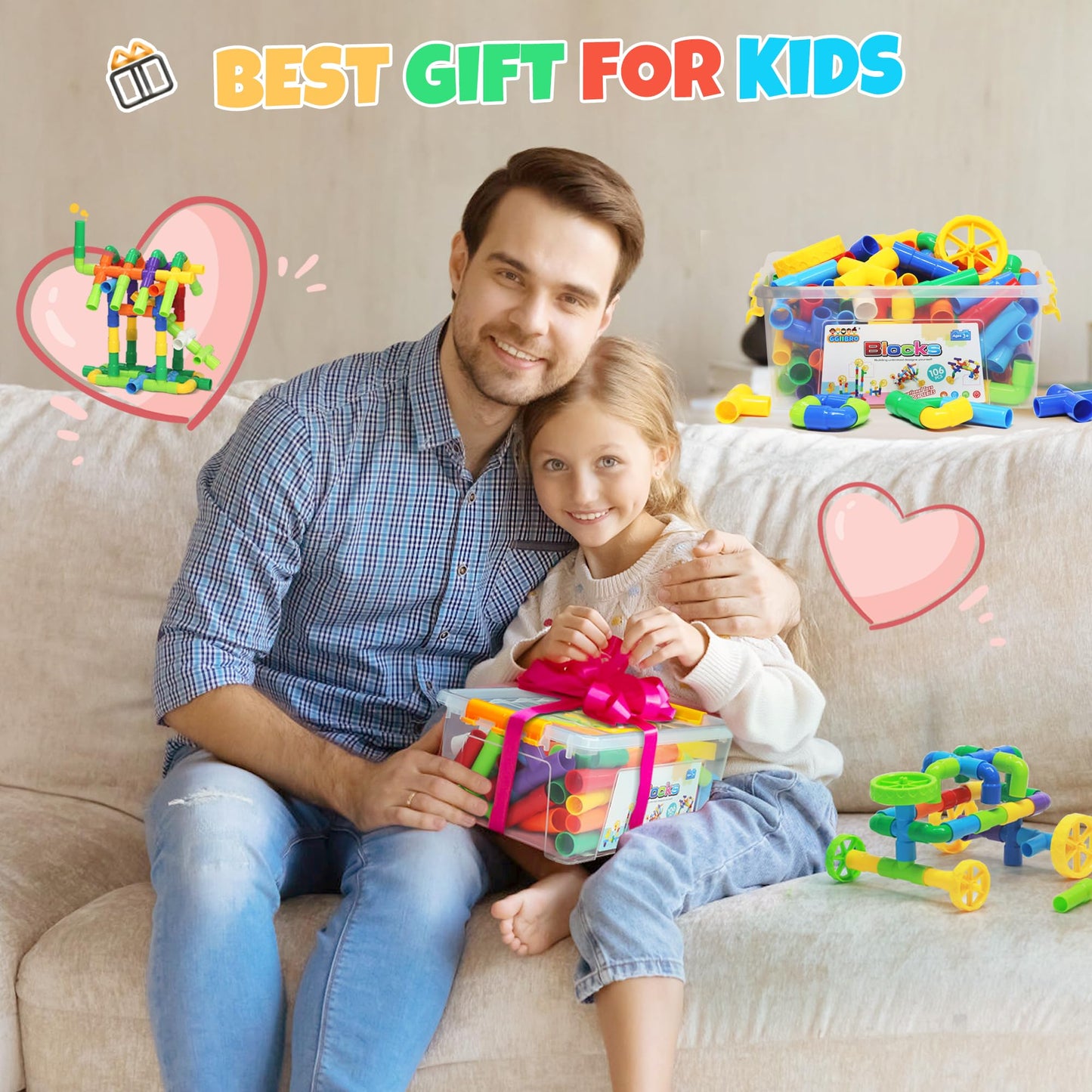 Ggiibro STEM Building Toy for Toddlers 106Pieces Tube Pipe Toy,Educational Preschool Game for 3+ Years,Learning Building Blocks Play with Storage Box Gift Kit,Montessori Toys for Boys & Girls