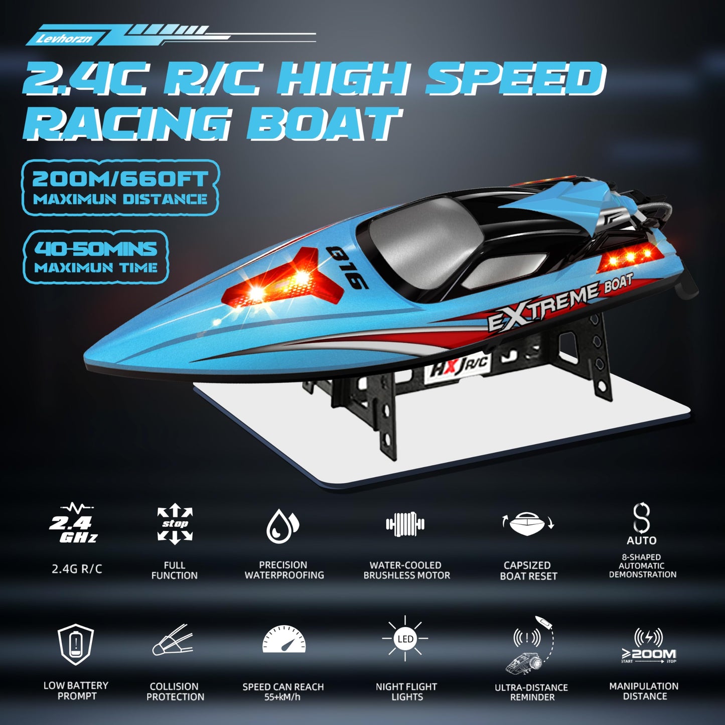 Levhorzn 34+MPH Brushless RC Boat for Adults & Kids with 2 Rechargable Batteries- Large 19” Remote Control Boat Toy, HJ816 Rc Speed Boats for Lakes & Rivers (Cyan)