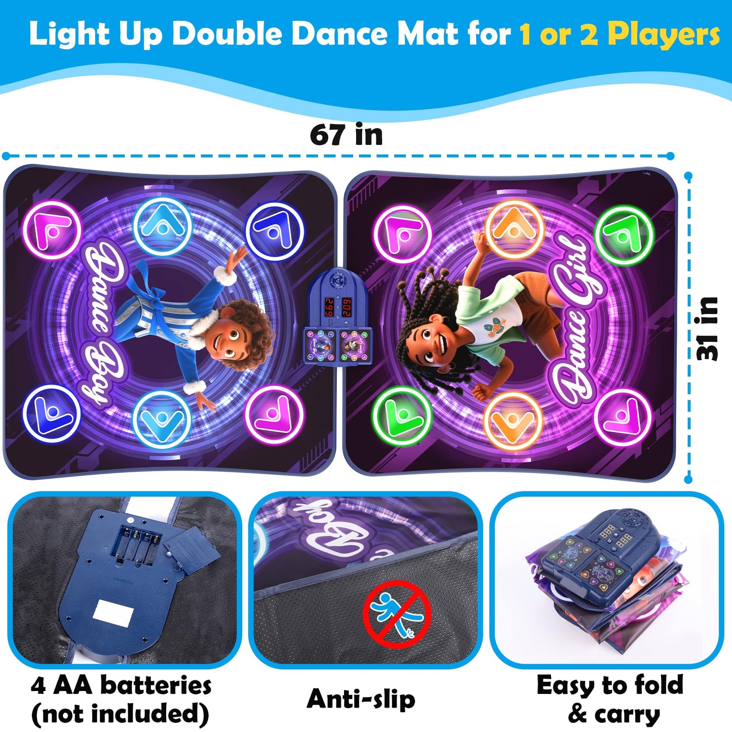 Dance Mats for Girls 4-8, Electronic Dance Mats, Dance Mat Toys, Kids Dance Mat, Girls Dance Mat, Dancing Mat, 2-Player LED Light Music Dance Toy with 5 Modes, Develops Hand-Eye Coordination