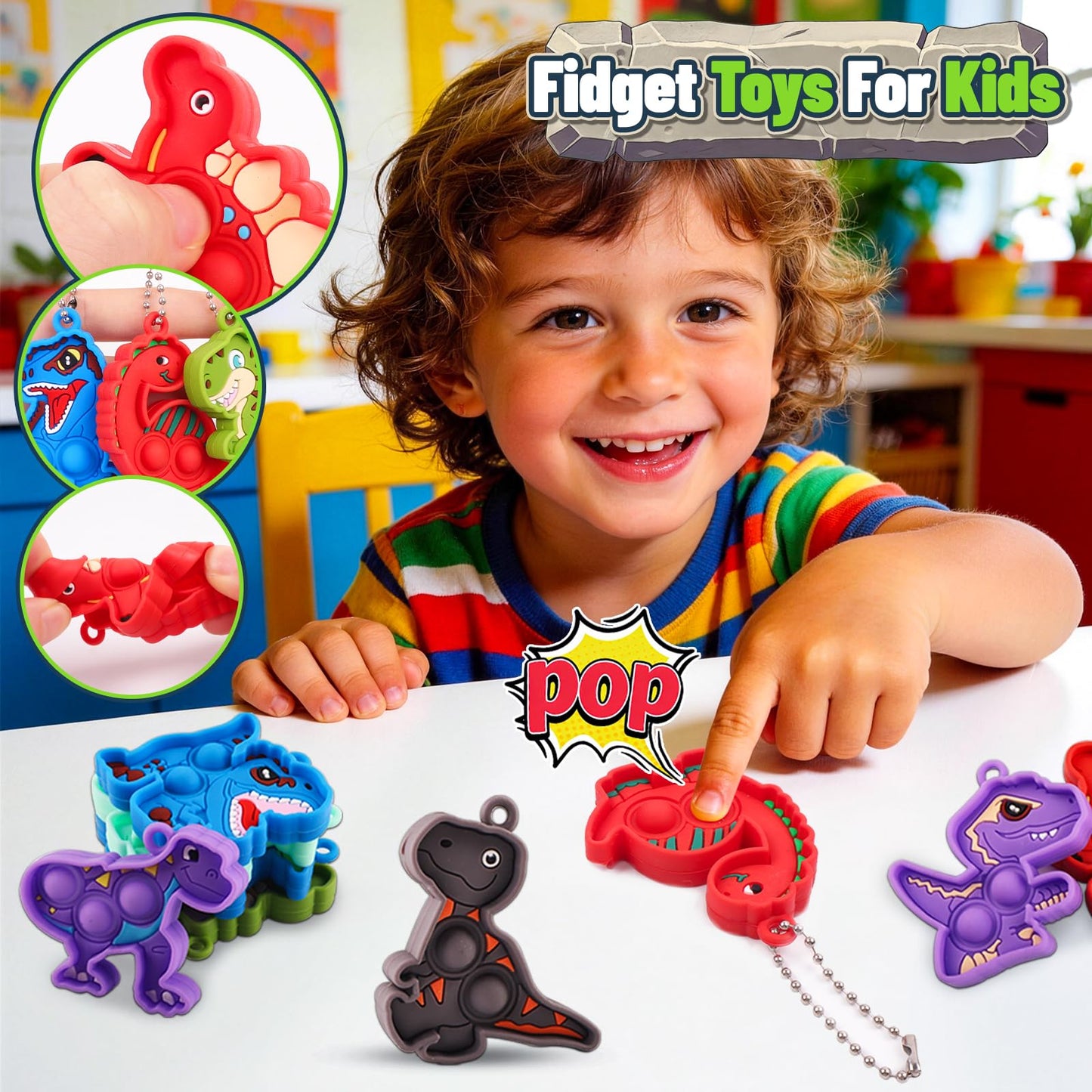 Kiss Monkey 24 Pack Dinosaur Party Favors for Kids, 12 Styles Dinosaur Silicone Fidget Keychains Bulk, Pop Sensory Fidget Toys, Birthday Goodie Bag Fillers, Classroom Prizes for Boys Girls