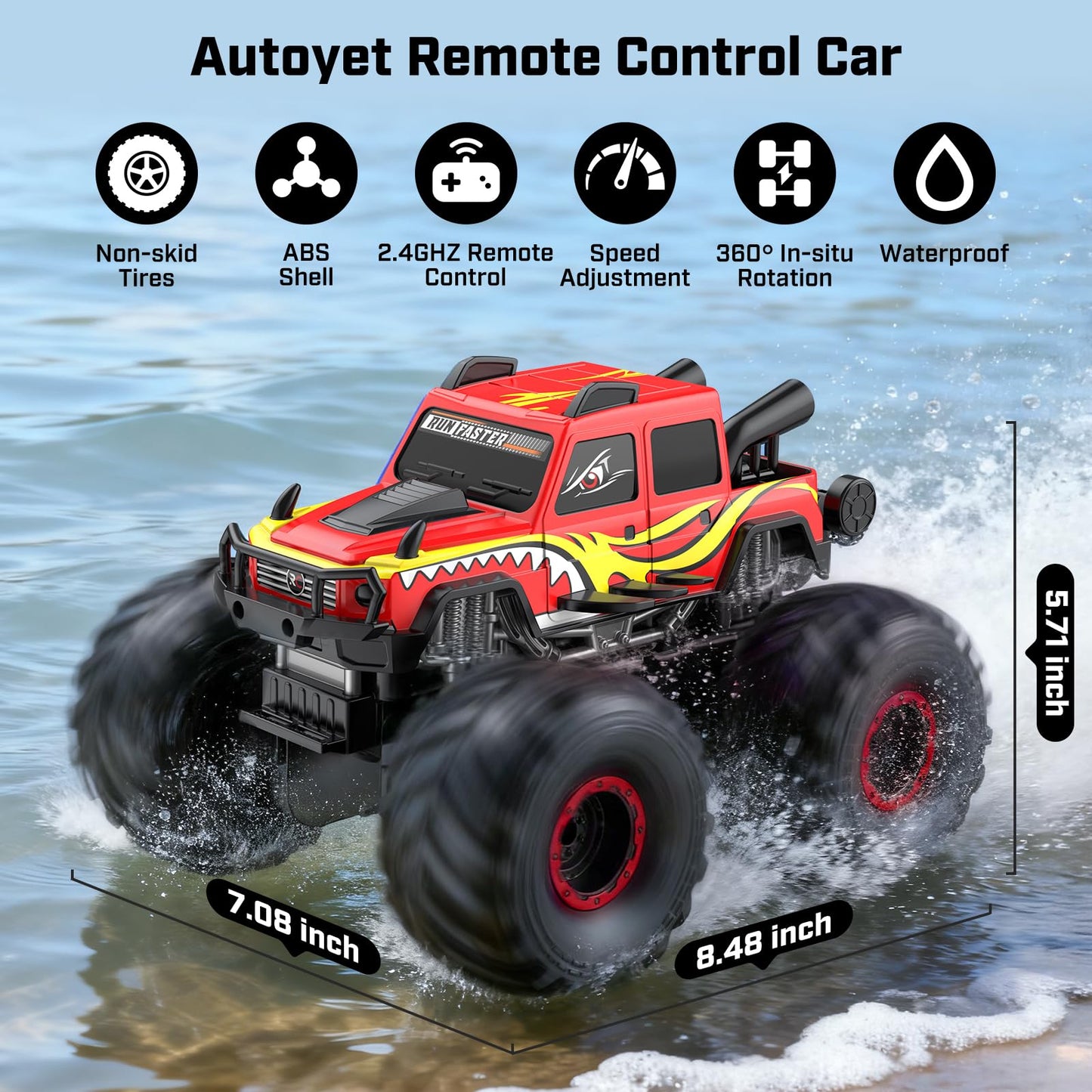 WayEee Remote Control Car Toys for Kids 6+, RC Car Waterproof Monster Truck Toys, Amphibious 4X4 Pickup, All Terrain Off-Road Vehicles, 2.4GHz Remote Control, 1/18 Scale RC Truck Boys Gifts/Red