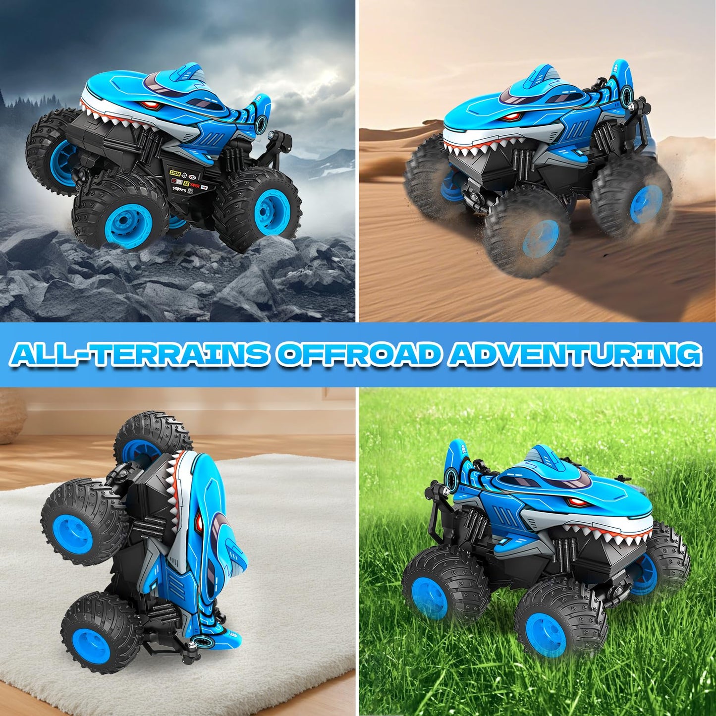 YongnKids Remote Control Car, Shark Monster Trucks for Boys Age 4-7, 2.4Ghz Rchargeable Rc Car with Music & Light,360° Rotating Stunts RC Truck Toy for Kids 3-5 6 7 8-12 Birthday Easter Gift