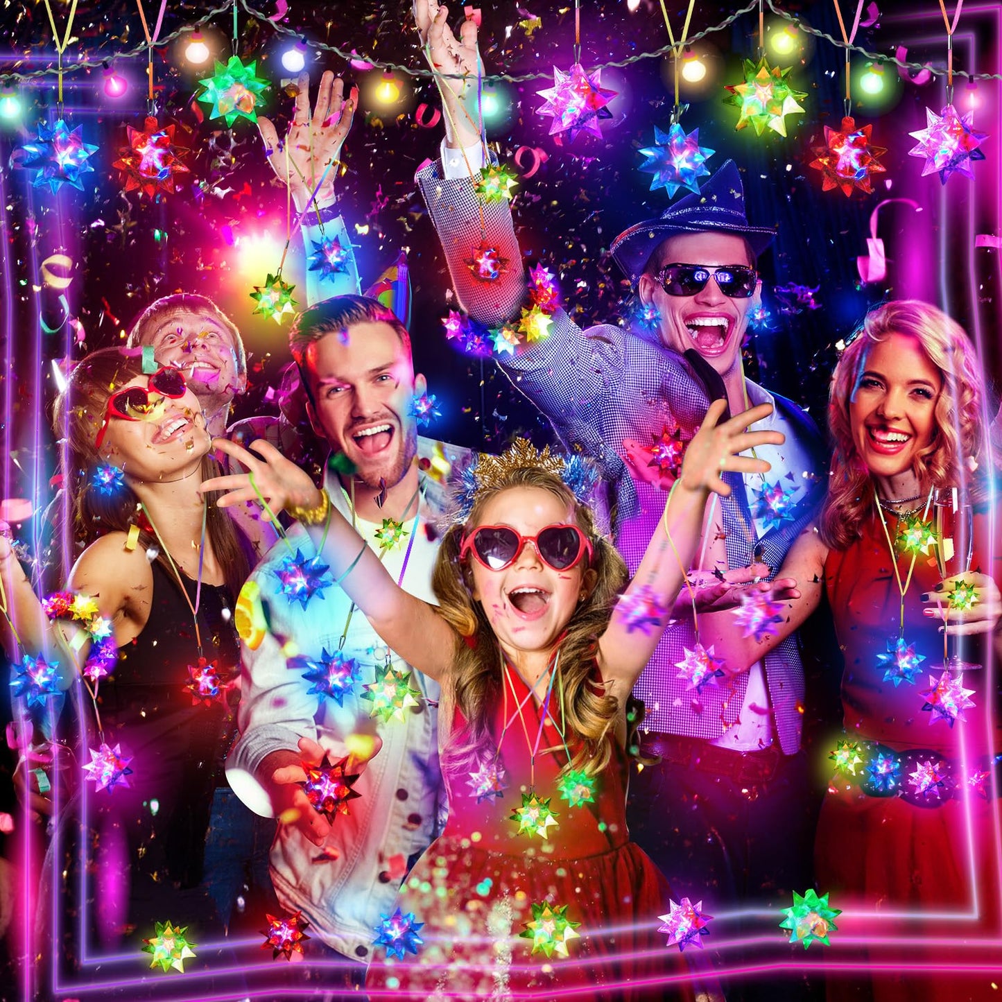 HONLYNE 48PCS Flashing Crystal Star Necklaces, Glow Necklaces Bulk Light up Party Favors, LED Glow in The Dark Party Favors for Kids Adults Birthday Glow Party Rave Halloween Goodie Bags Filler