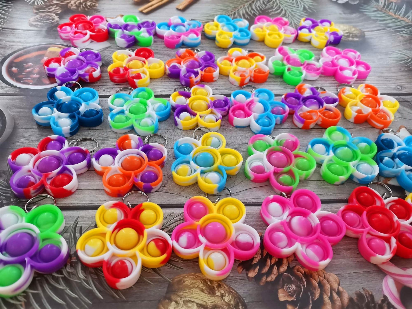 HOZKEAP 30 Packs Bulk Flowers Backpack Keychain Mini pop Fidget for boy and Little Girl,Kids，Students Birthday Party Favors,Students Bubble Prize
