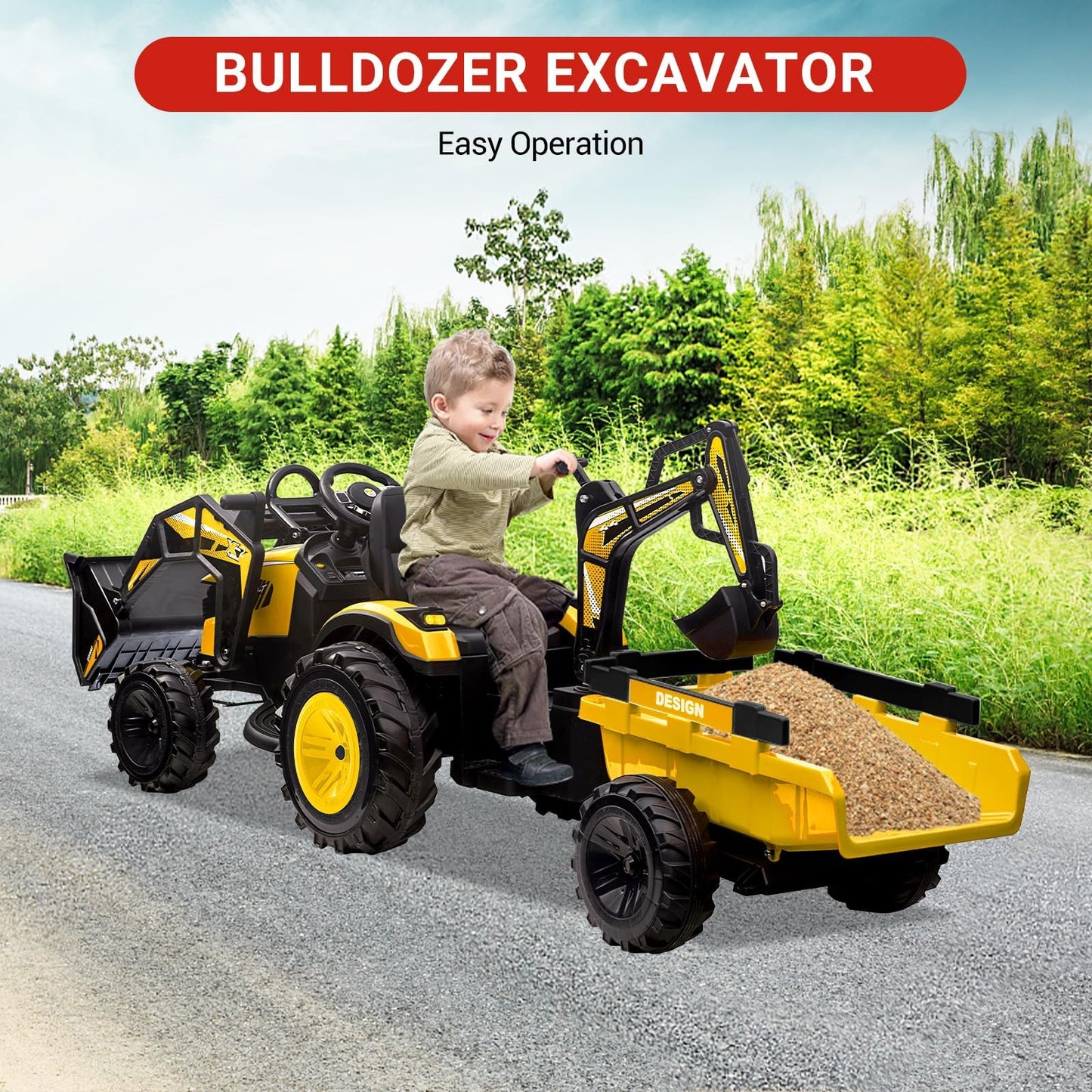 Garvee 4-in-1 Ride on Tractor, 24v Ride on Toys for Big Kids, Remote Control Excavator with Trailer, Shovel Bucket, Digger, Remote Control, EVA Tires, LED Light, Music, USB, Yellow