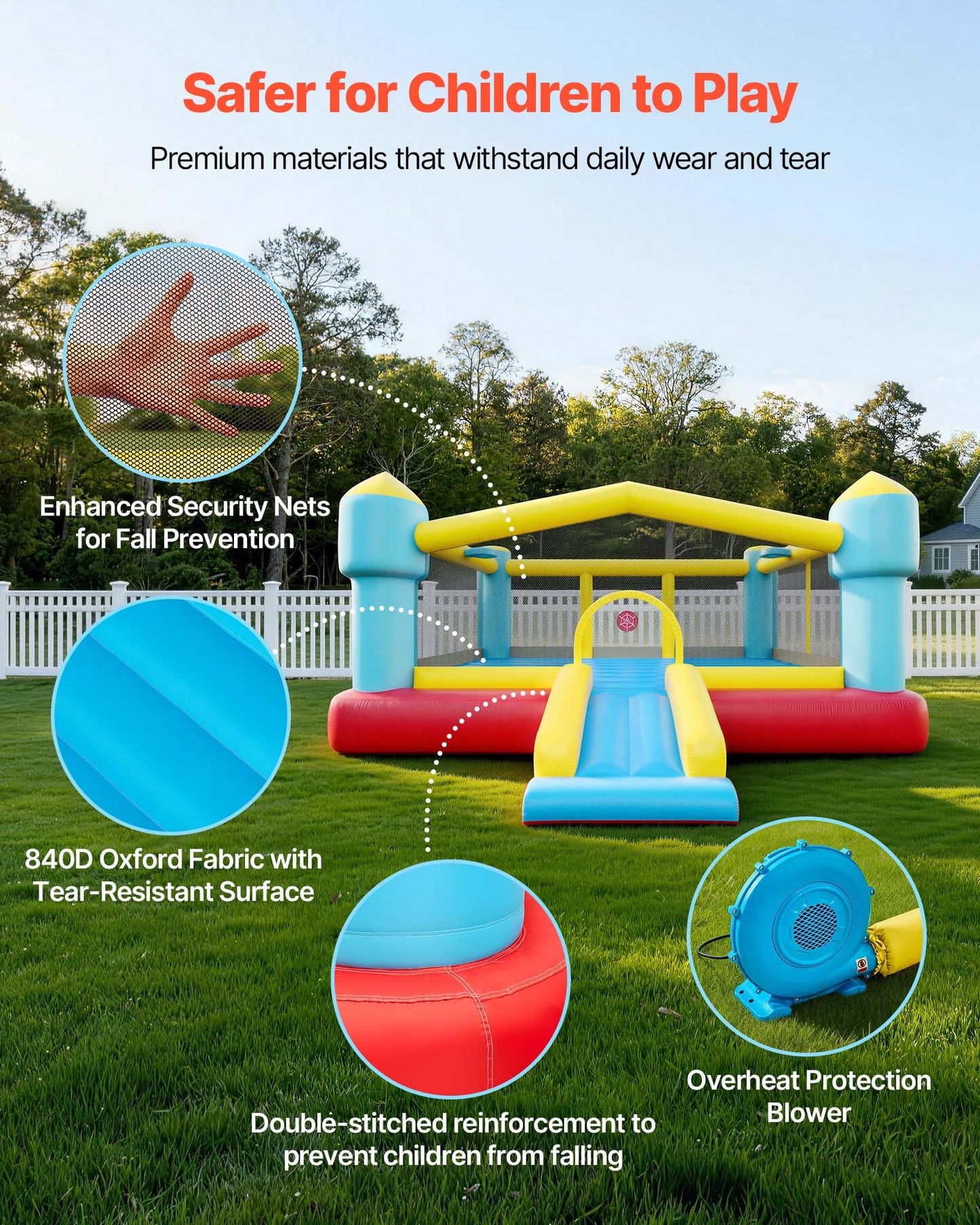 VEVOR Inflatable Bounce House, 14.7 x 13.8 x 6.8 ft Jumping Bouncy Castle, Inflatable Jumper for Kids with Slide, Basketball Hoop, Target Game & Jumping Area, Jumpings House Holds 3-4 Kids (Ages 3-8)