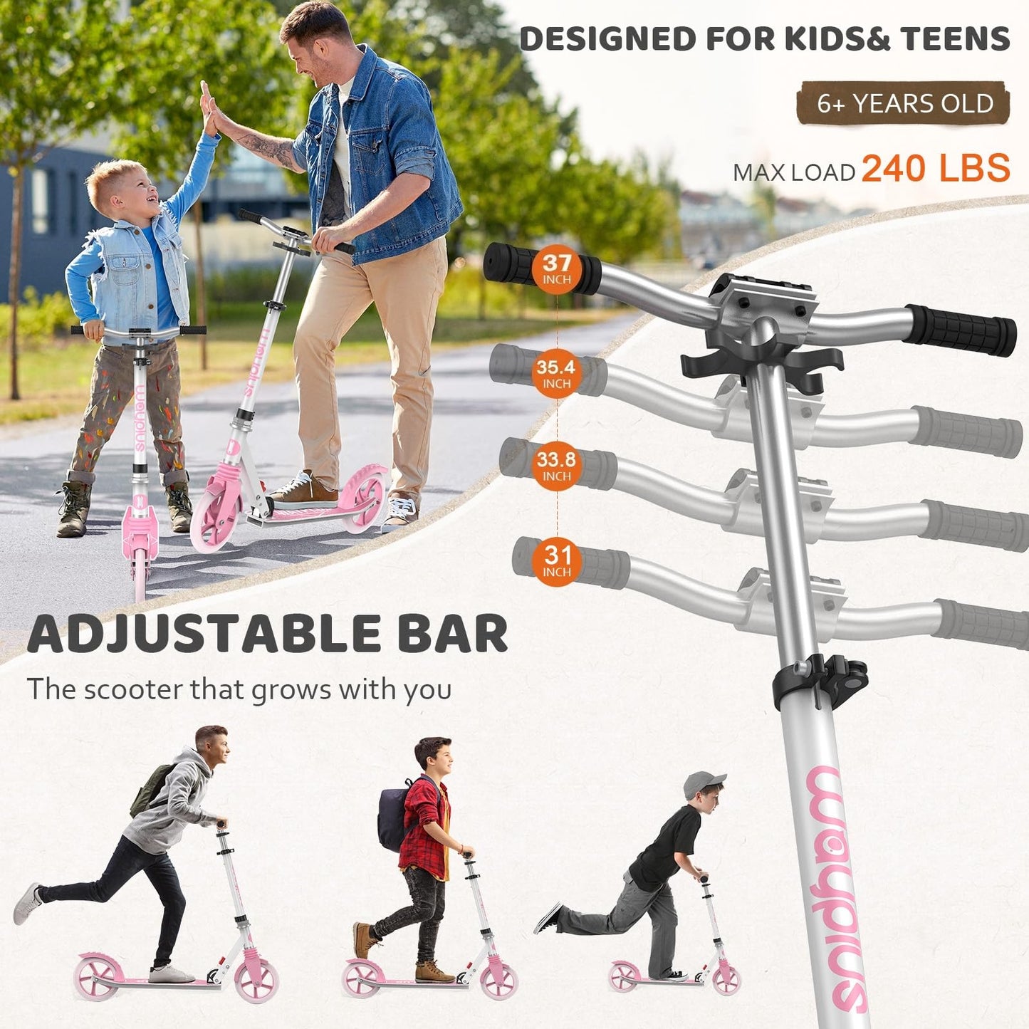 WAYPLUS Kick Scooter for Ages 6+,Kid, Teens & Adults. Max Load 240 LBS. Foldable, Lightweight, 8IN Big Wheels for Kids, Teen and Adults, 4 Adjustable Levels. Bearing ABEC9