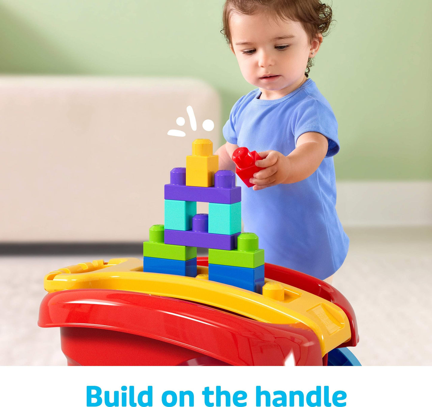 MEGA BLOKS First Builders Toddler Building Toy, Block Scooping Pull Wagon with 20 Pieces and Built-in Storage, Picks Up Blocks, Red, Kids Ages 1+