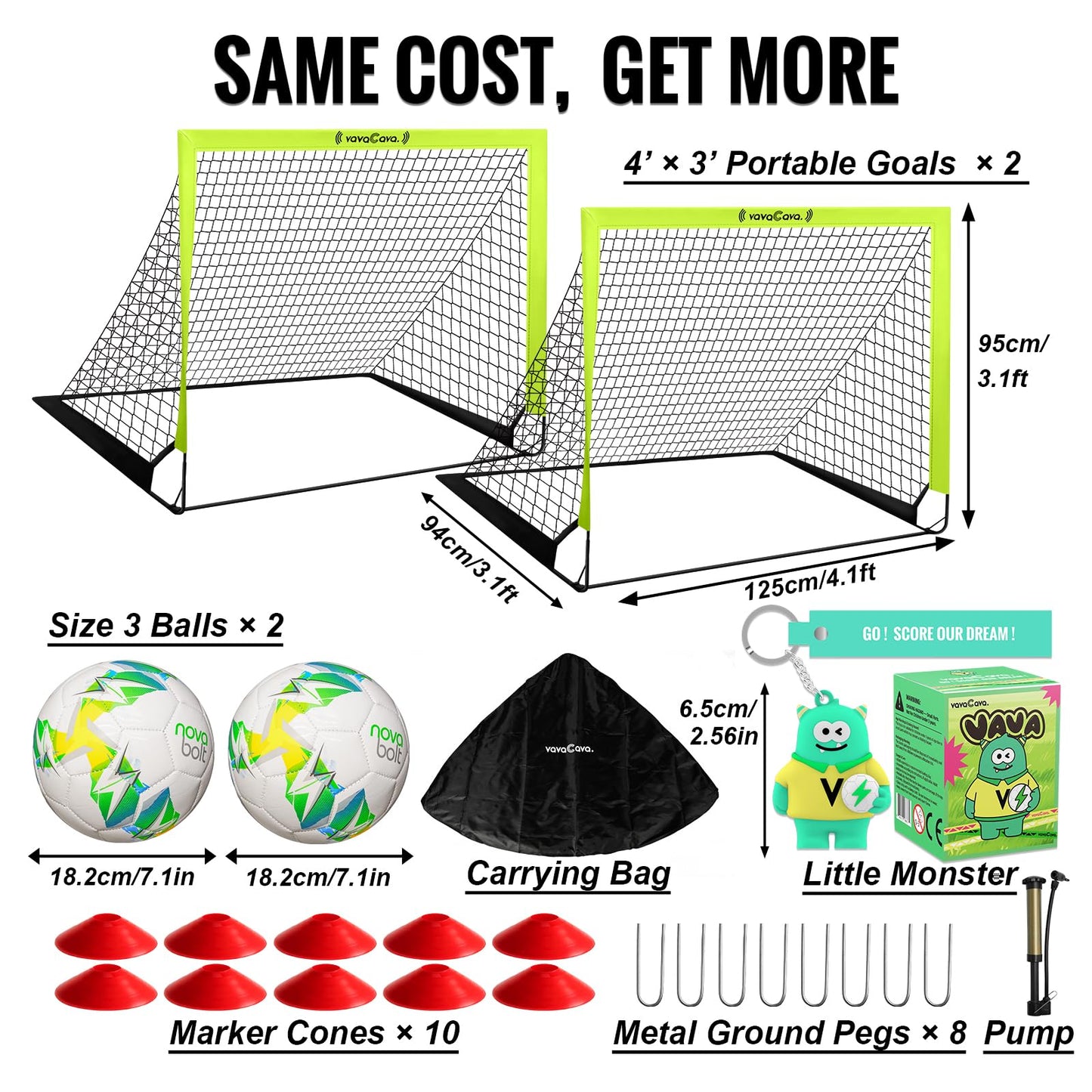 VavaCava 4'x3' Size Portable Soccer Goals Set for Backyard Fun, 2 Nets, 2 Size 3 Balls, 10 Marker Cones, Pump and Carry Bag, Outdoor Games for Backyard, Beach, Lawn, Kids Soccer Training Equipment