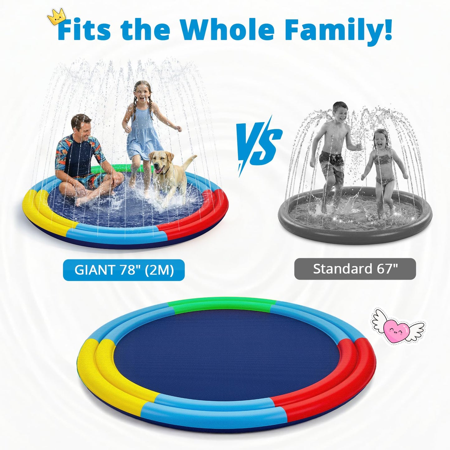 Splash Pad for Kids & Dogs, 78” Sprinkler Splash Pad with Dual Sprayers, Large Non-Slid Splash Mat, 360° Spray Outdoor Water Toys for Backyard, Summer, Gifts for Toddlers, Family, Pets