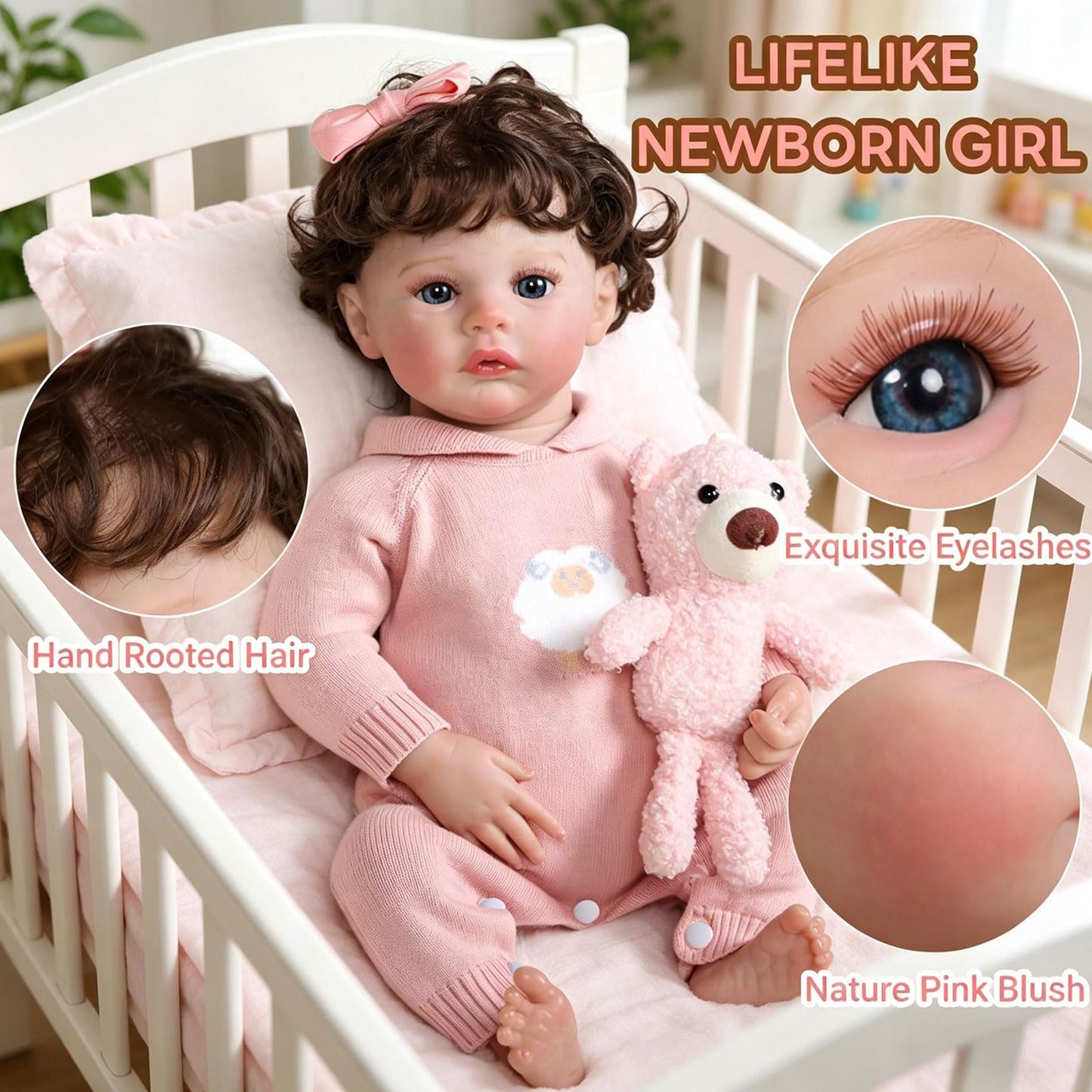 Tookyhill 16 Inch Lifelike Reborn Baby Doll, Full Vinyl Body, Poseable Limbs, Pink Knit Outfit & Plush Bear Toy, Realistic Newborn Doll Gift for Toddler Girls Age 3+ (Pink Bear)