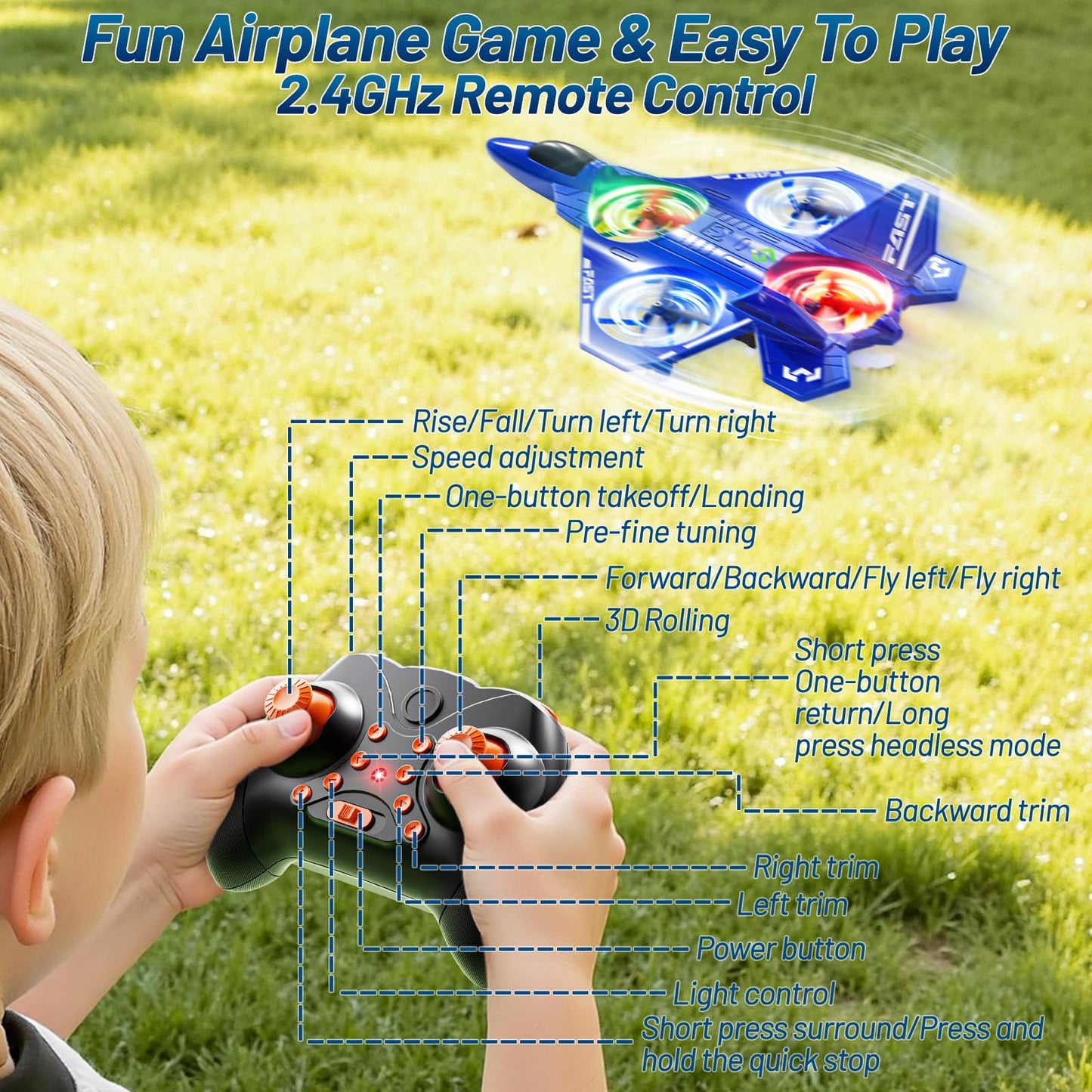 KIZONLY Remote Control Airplane for Kids, RC Airplane for Kids Adults, Indoor Outdoor Airplane with Speed Adjustment, One-Buttom Tricks, Surround etc, Birthday Airplane Gift Toys for Boys Girls Adults