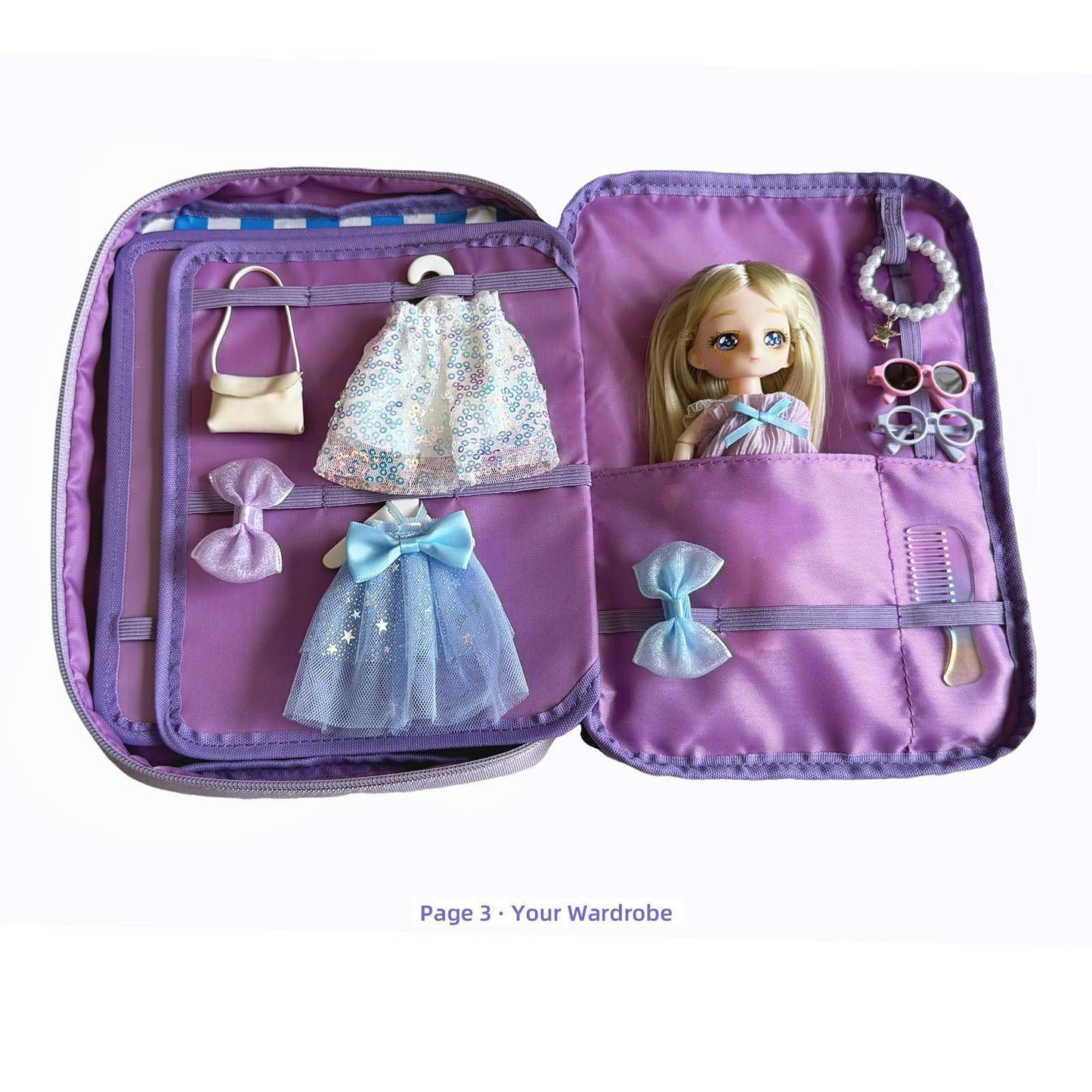 Girls Educational Travel Toy, Convenience Store Cash Register Pretend Play Set with Realistic Play Food, Doll Dress-Up Outfits and Accessories, Portable Kids Toy Storage Bag, Birthday Gifts for 3-8