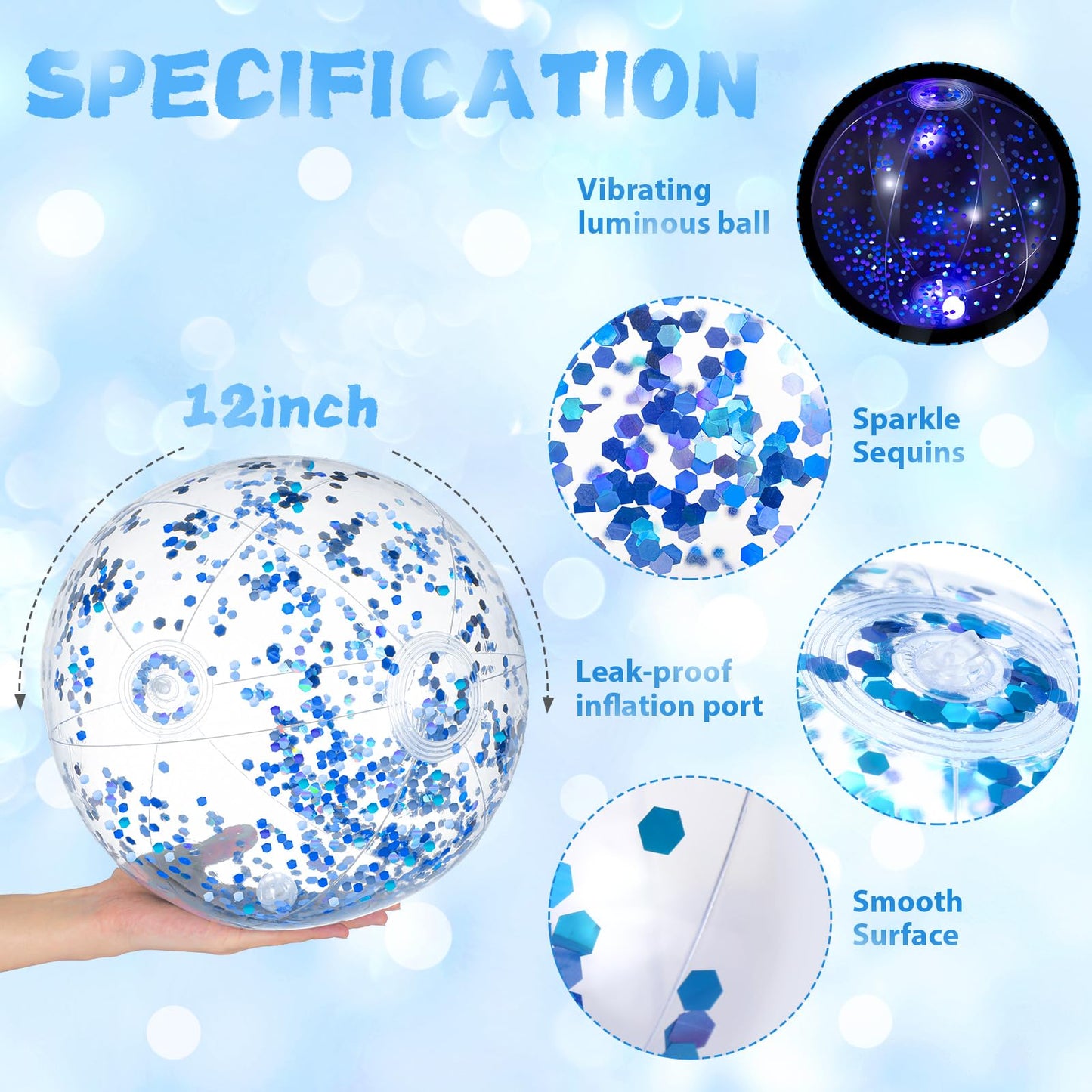 Vertintong 12 Pack 12 Inch Glow in The Dark LED Beach Ball Jumbo Confetti Glitters Inflatable Ball Swimming Pool Game for Party Pool Summer(Blue)