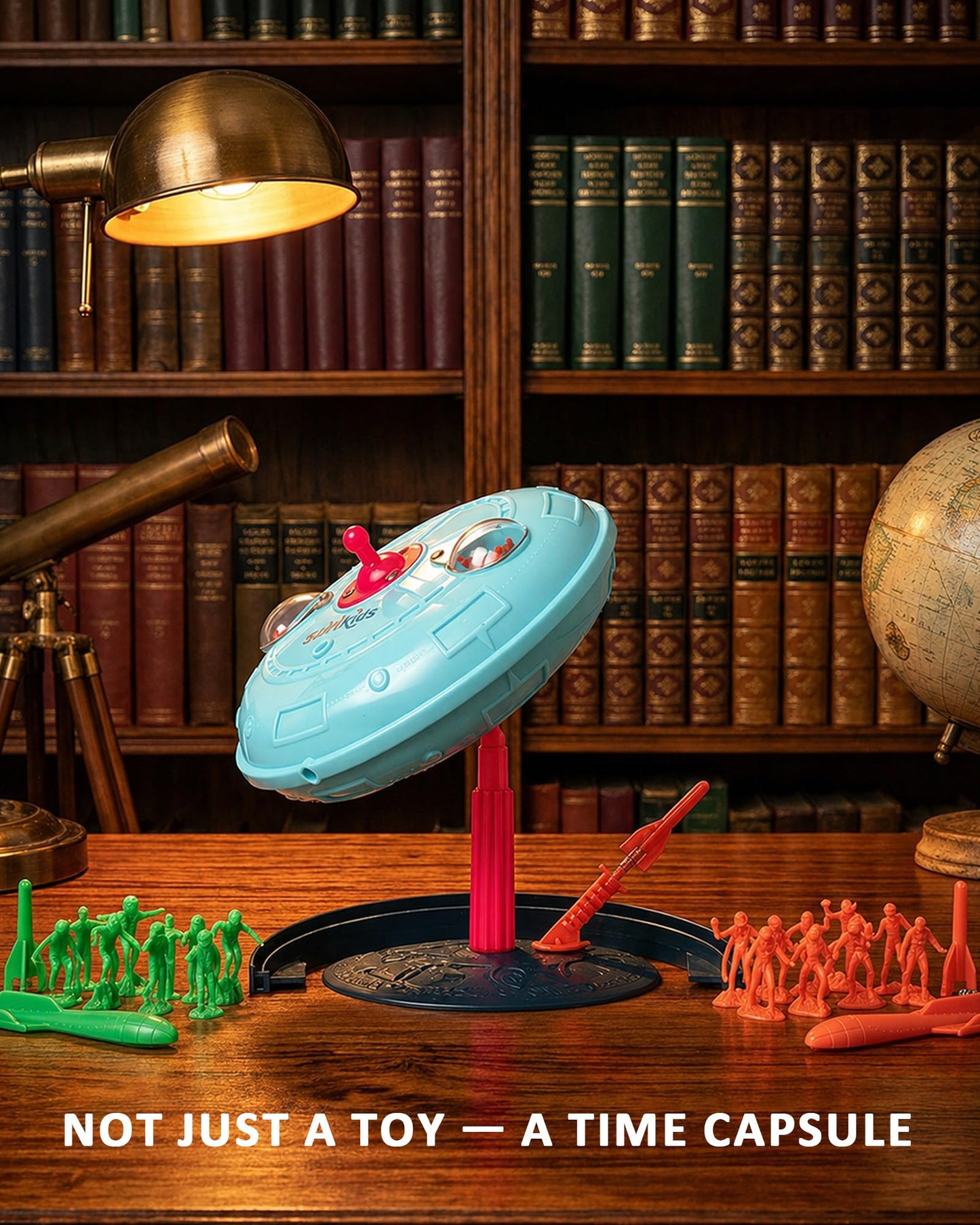SciFiKids Vintage Wind-Up Toy – 1950s Classic UFO Spinning Gyroscope Spaceship with Aliens & Spring Rocket, Retro Mechanical Flying Saucer Toy for Kids & Collectors