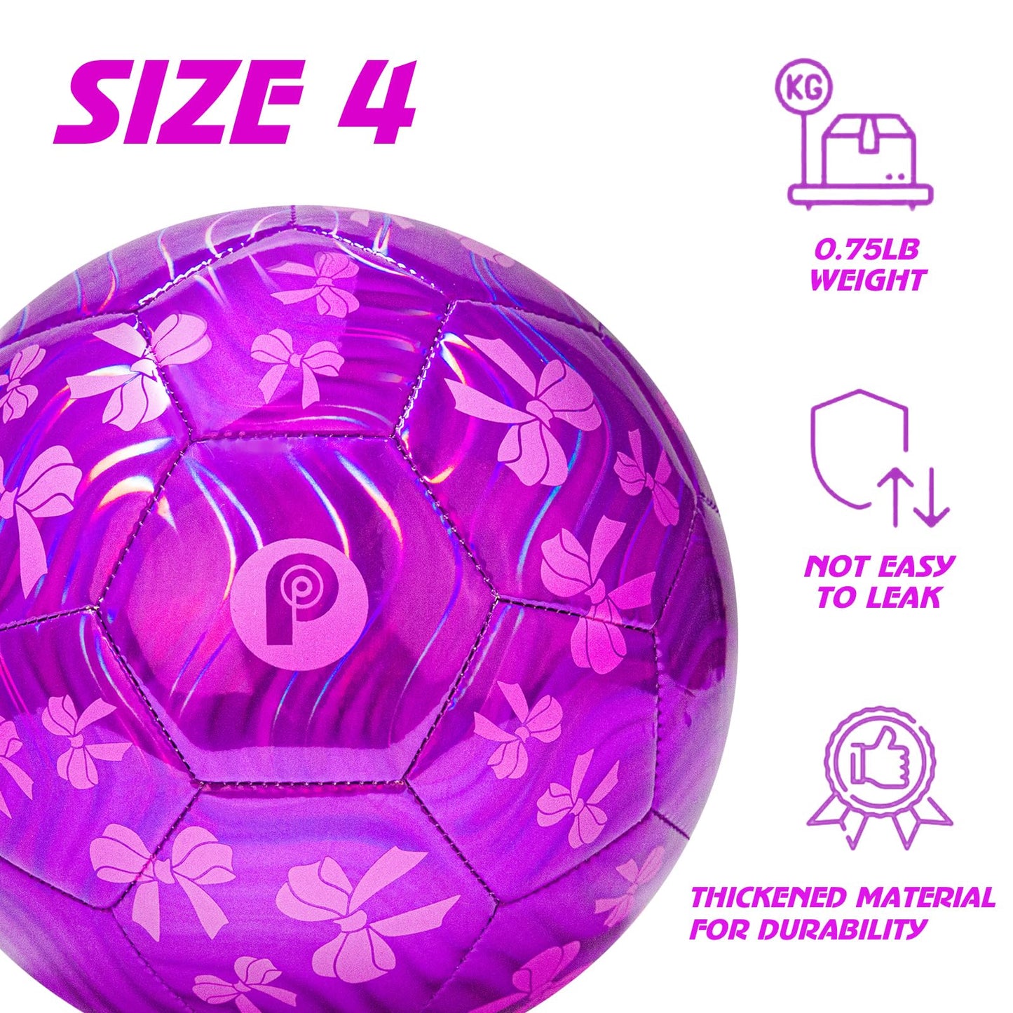 PP PICADOR Soccer Ball Size 4 Glitter Pink - Kids Aged 4-6 6-8 8-12 Outdoors Sports Training Ball Recreation Playing Ball Teens Girls Boys Children Youth Back to School Birthday(Purple Bow)