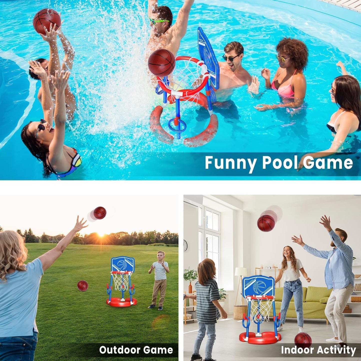 AuroTops Pool Basketball Hoop Poolside with Backboard & Ring Toss Pool Games,Floating Basketball Hoop for Pool Toys for Kids Ages 4-8,Family Party Summer Toys for Kids Ages 8-12,Summer Vacation, Blue