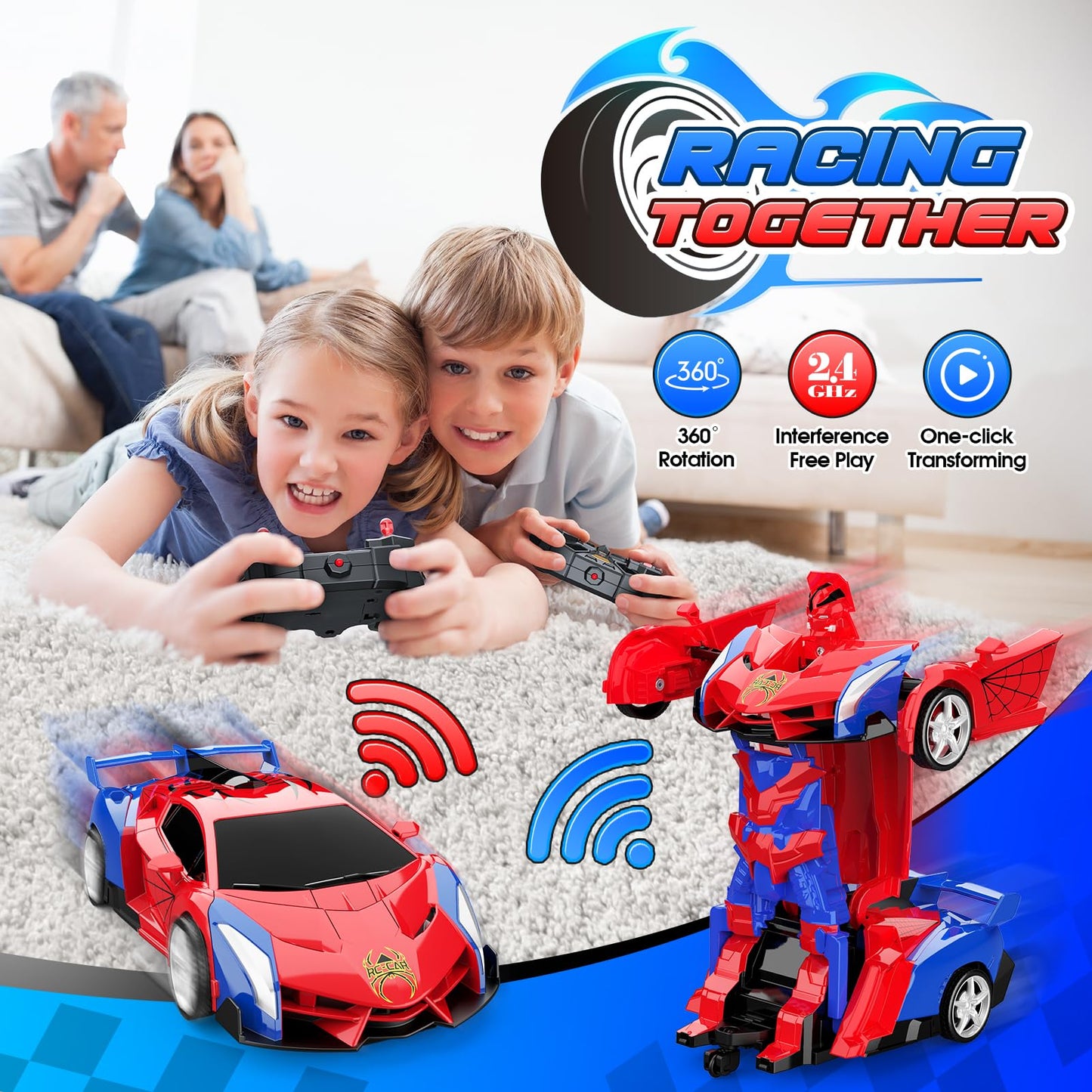 Transform Remote Control Car, RC Cars for 3-12 Year Old Boys Girls One-Button Deformation 2.4Ghz 1:18 Scale Transforming 360°Rotation Robot Toys Birthday Gifts Easter Basket Stuffers for Kids