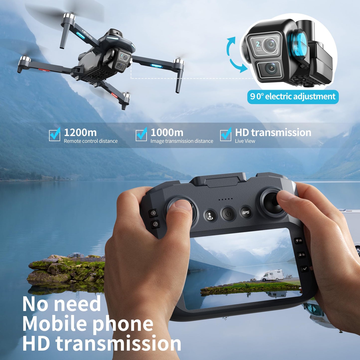 XT606 GPS Drone with camera for adults 4k, 4.3" HD Screen on Controller, 60 Mins Flight Time, Long Range Transmission, Follow Me, Auto Return, Brushless Motor, Obstacle Avoidance, Lightweight and Foldable Quadcopter for Beginner Birthday Gifts Toy