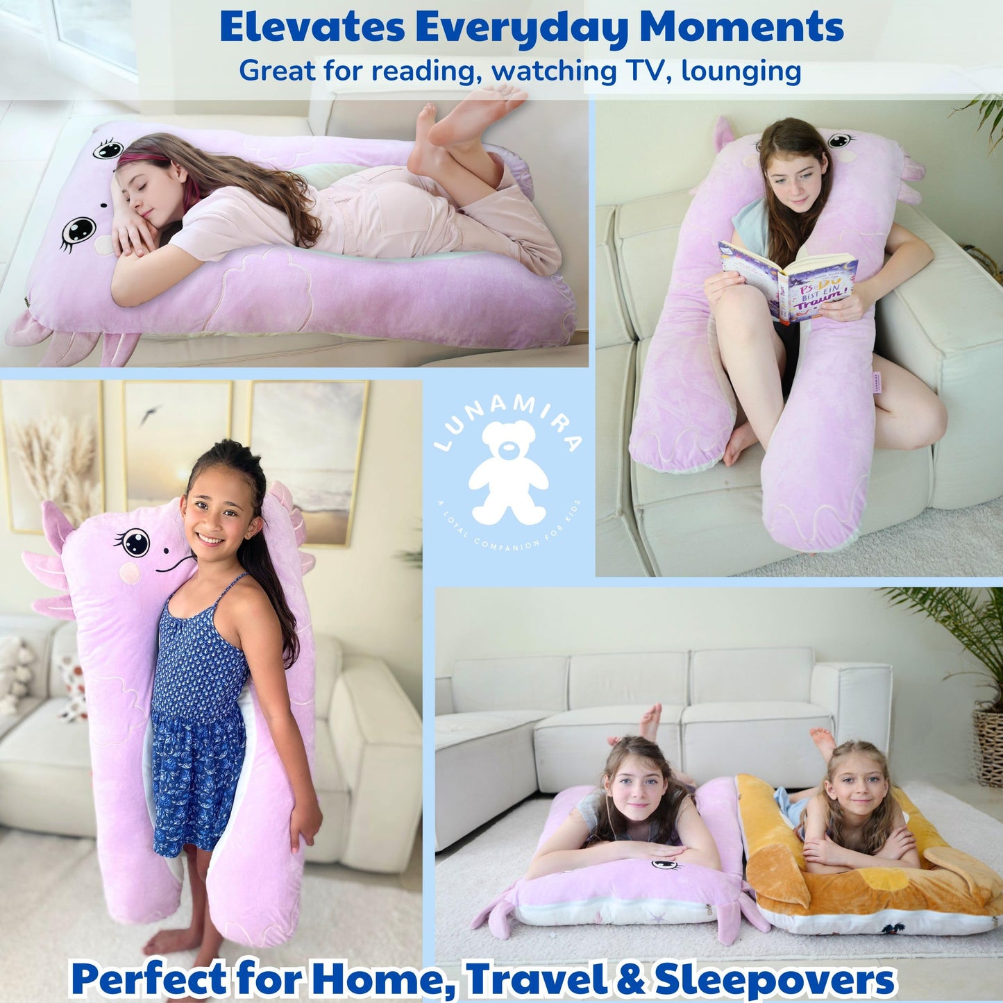 LUNAMIRA Axolotl Kids Body Pillow - 47" U-Shape Long Plush Soft Animal Pillow for Kids, Sleeping, Reading, ADHD & Special Needs Comfort, Anxiety, Washable Cover, Snuggle Fun Cuddle for Boys & Girls