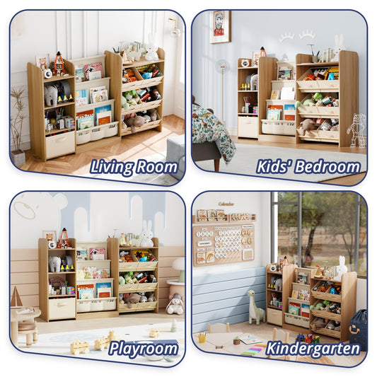 IKALIFE Kids Toy Book Storage Organizer - Large Bookshelf with 7 Removable Bins, Baby Bookshelf and Toy Storage, 4-Tier Book Shelf for Kids Room, Playroom, Classroom, 51 inch, Burlywood