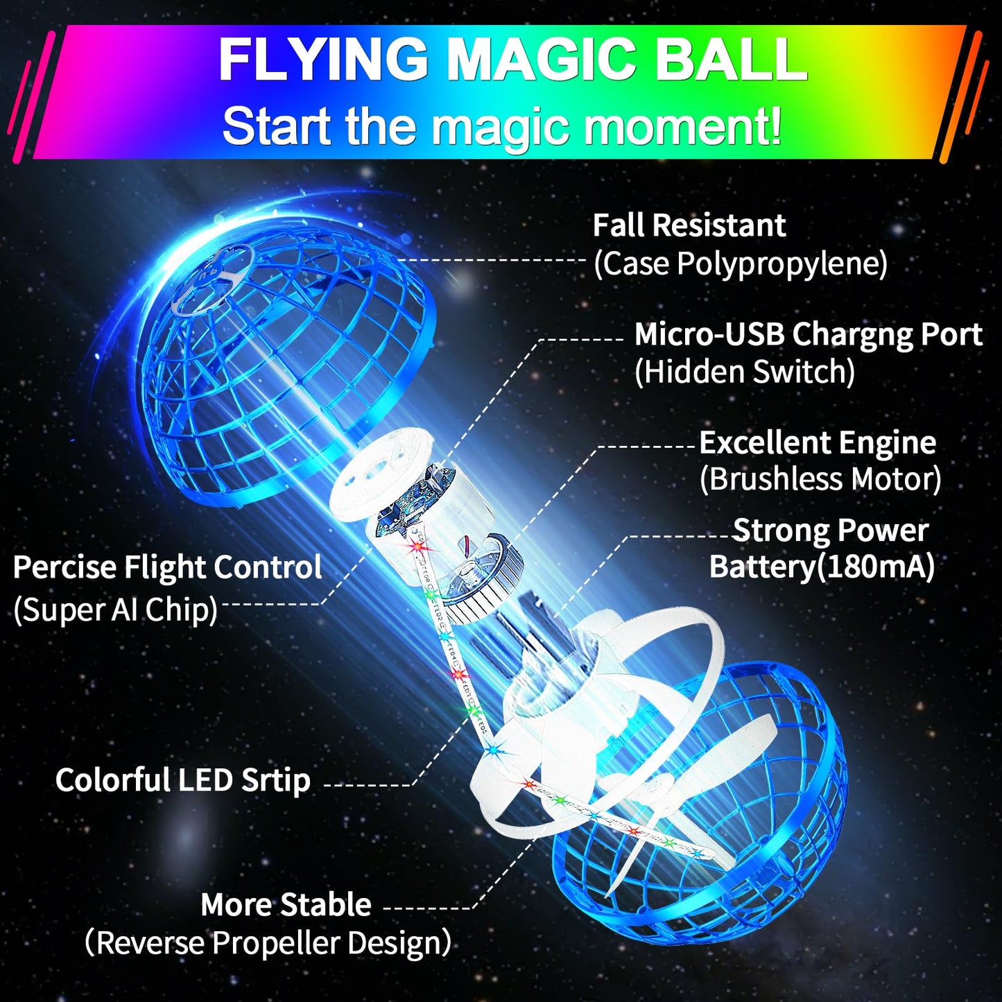 Vantexi Flying Orb Ball Toy,2026 Upgraded Parachute LED,Magic Hand Controlled Flying Gravity Ball,Cosmic Globe Boomerang,Cool Christmas Birthday Gift for 6 7 8 9 10+ Year Old Boys Girls-Blue & Red