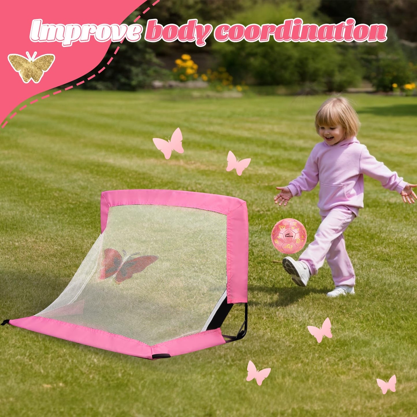 Kids Soccer Goal Set with Size 2 Pink Glitter Butterfly Soccer Ball and Pump 2x1.5ft Portable Butterfly Print Soccer Nets for Toddlers Ages 3-5 Indoor Outdoor Backyard Training Gift Boys Girls