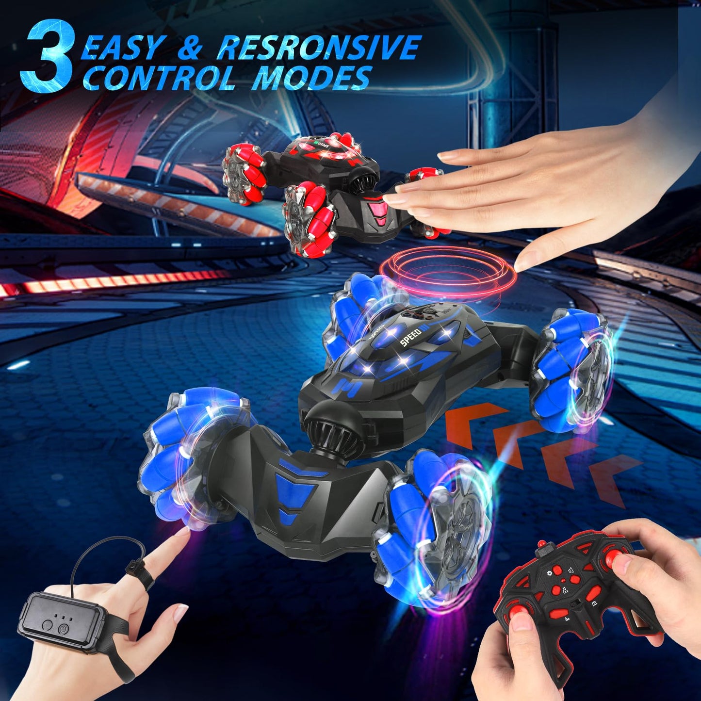 XAMIMM RC Stunt Car, 2.4 GHz 4WD Remote Control Gesture Sensor Toy Cars, Double Sided Rotating Off Road Vehicle 360° Flips with Lights Music, Drift rc car for Boys and Girls 5-13 Birthday
