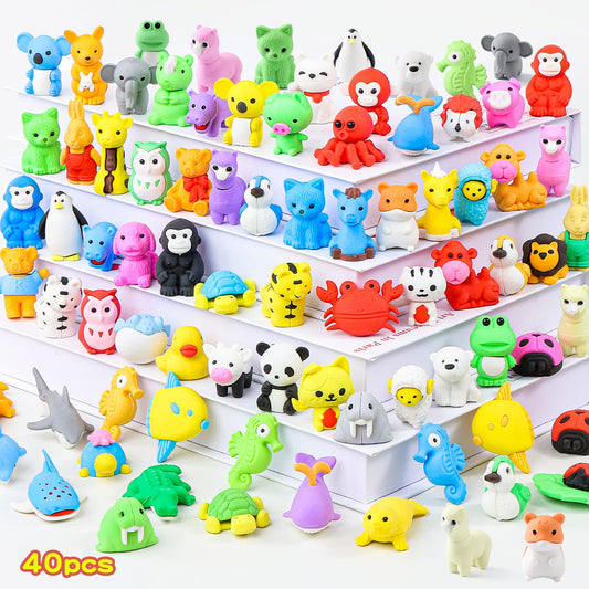 Kleeblatt 40Pcs Animal Erasers Desk Pets for Kids Assembled Eraser 3D Puzzle Erasers Classroom Prizes,Class Pets,Party Favors