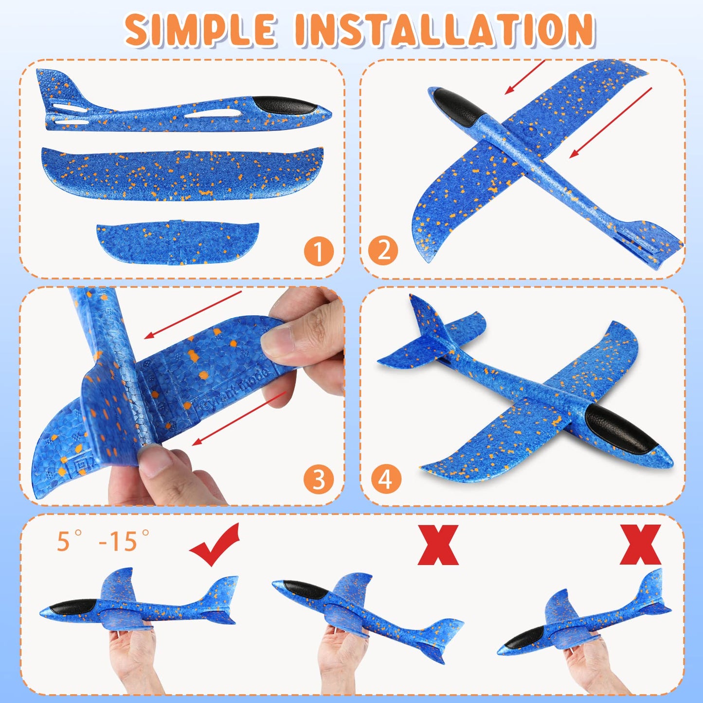 VCOSTORE 4 Pack Foam Airplanes for Kids, 17.5'' Large Throwing Foam Glider Planes Toys,Flying Styrofoam Kid Airplanes Toy for 3 4 5 6 7 8 9 10 11 12 Year Old Boys Girls with Outdoor Sports Play