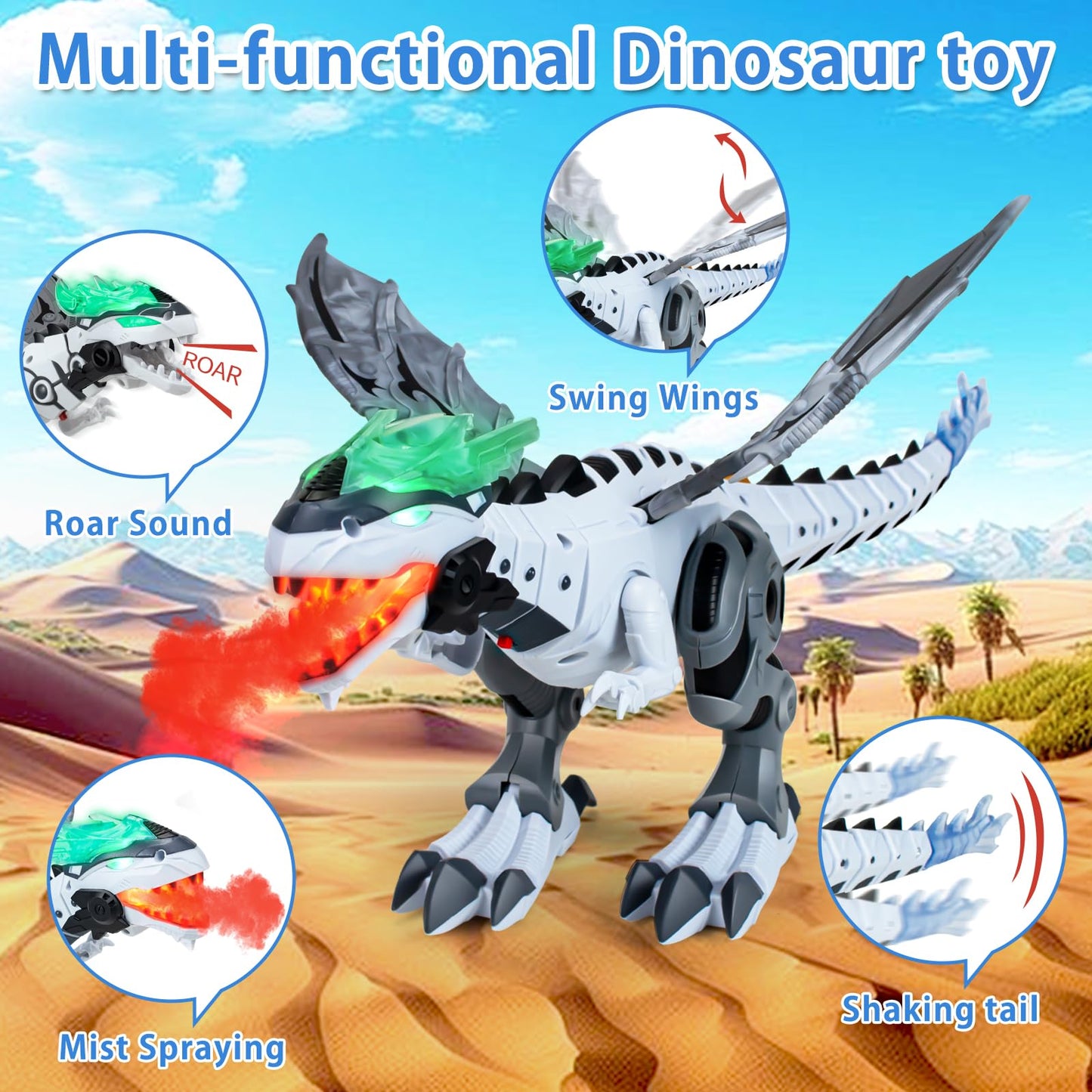 Bloolilies Dinosaur Toys for Kids 3-5 6 7, Electric Walking Dinosaur Toy with Fire Breathing & Mist Spray and Roar Sounds for Kids Toddler Realistic Robot Dragon Toys Birthday Gift