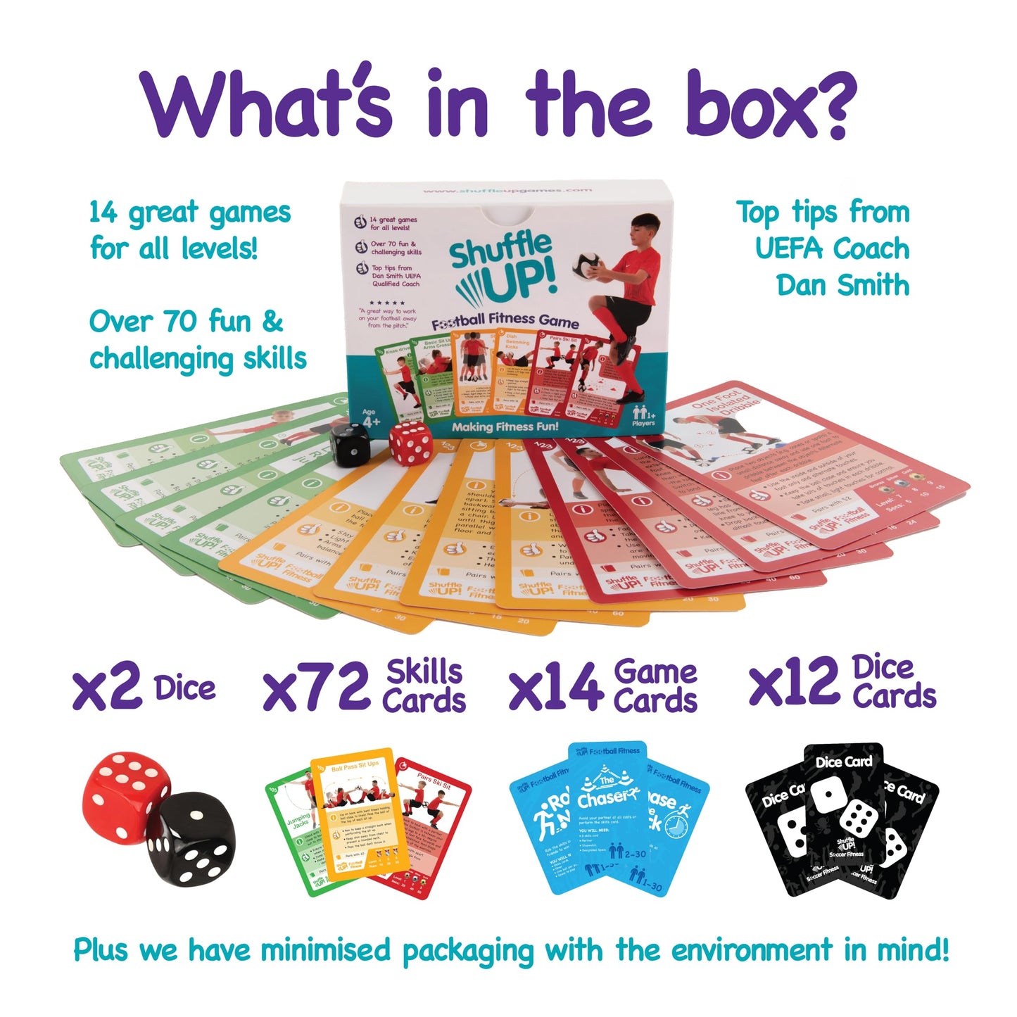 Shuffle Up Soccer Card Games - 70+ Fun & Active Skills Cards for Kids, Fitness Cards Develop Fundamentals, Stamina & Strength, Easy to Play for Kids | Multiple Skills Level Card Include 2 Dices