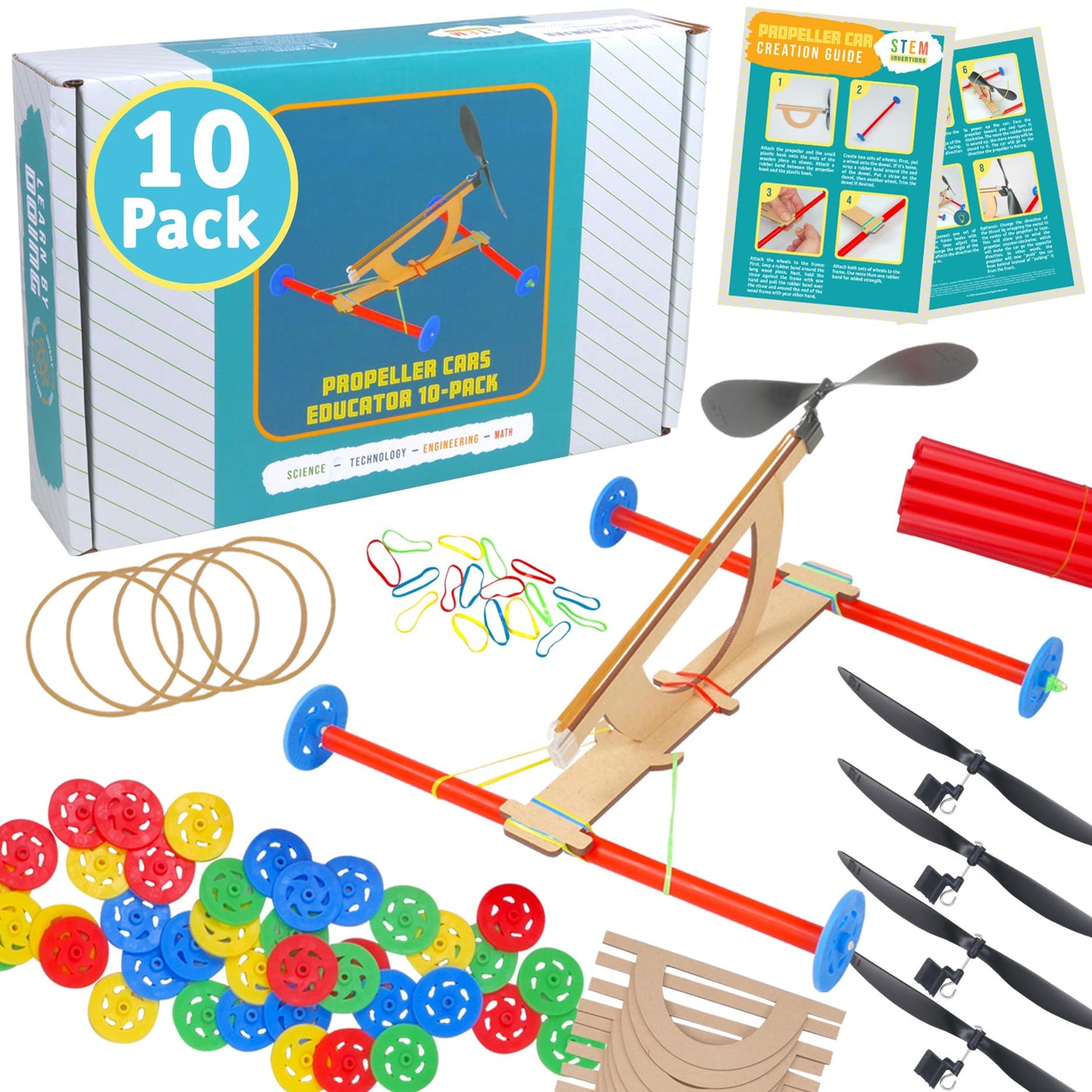Rubber Band Propeller Car Kit, 10-Pack – Build 10 Rubber Band Propeller Cars, Complete STEM Engineering Project Kit for Classrooms, Ages 8+