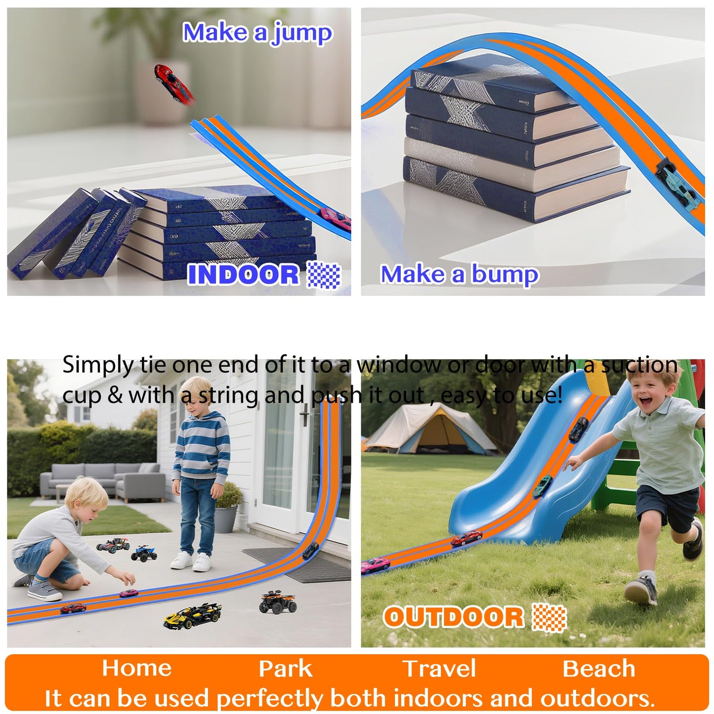 Flexible Car Track for Kids: 15 Ft of Portable Roll-Up DIY Flexible Race Track with 8 Cars & 4 Strong Suction Cups Car Ramp Toy Track, – A Great Birthday for Boys & Girls Ages 3+ (Orange-Blue)