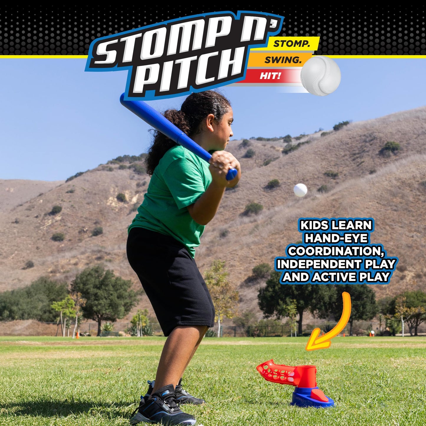 Stomp Rocket Stomp N Pitch Baseball Pitching Machine for Kids - Baseball Training Machines for Boys & Girls with Collapsible Bat, Launcher & 5 Balls - Outdoor Sports Gear & Toys - 6+ Year Olds