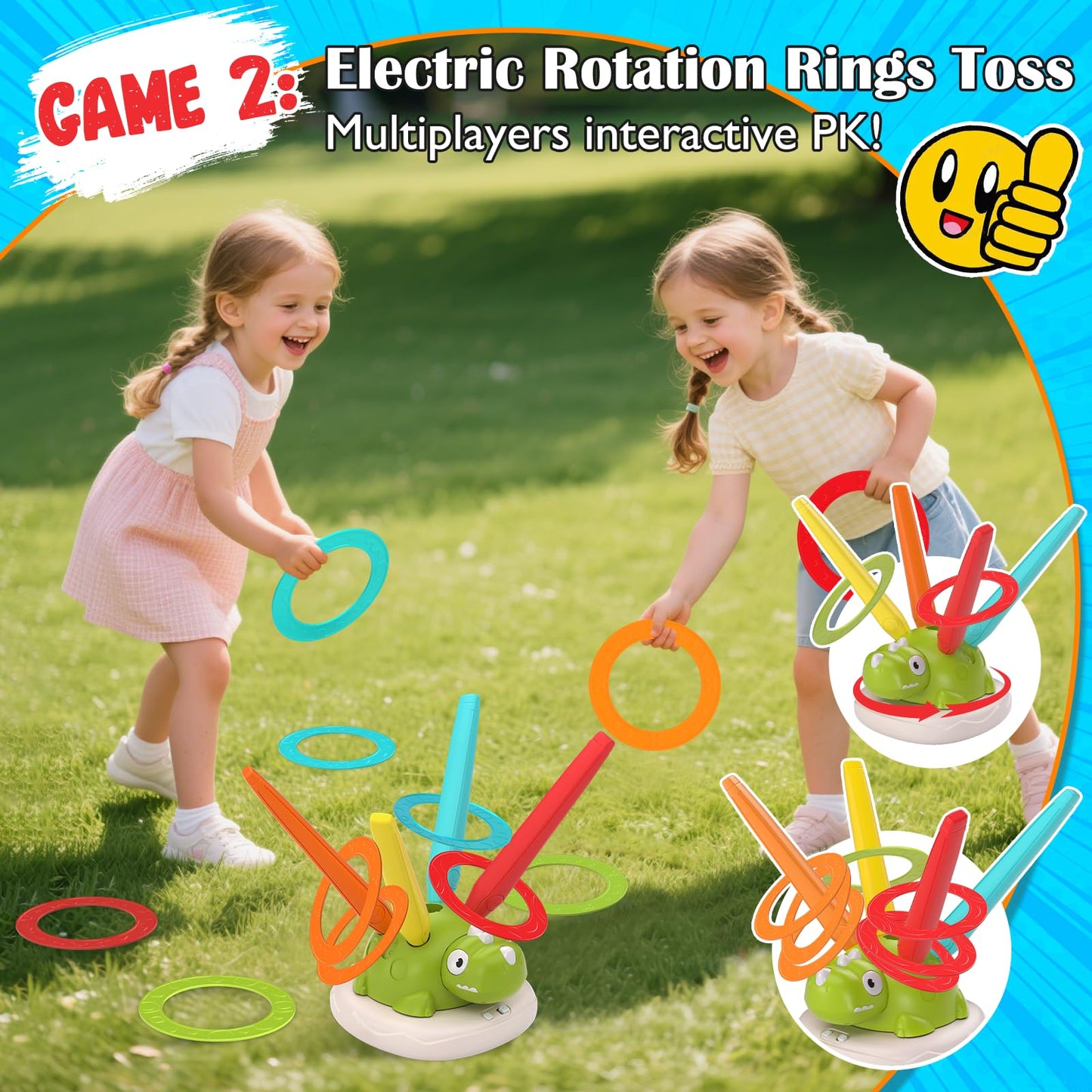 Dinosaur Rocket Launcher for Kids - 3 in 1 Outdoor Toys for Kids Ages 4-8: Stomp Rockets, Musical Jumping & Ring Toss Games with Remote Control - Outside Toys for 3-8 Year Old Boys Girls Birthday Gift
